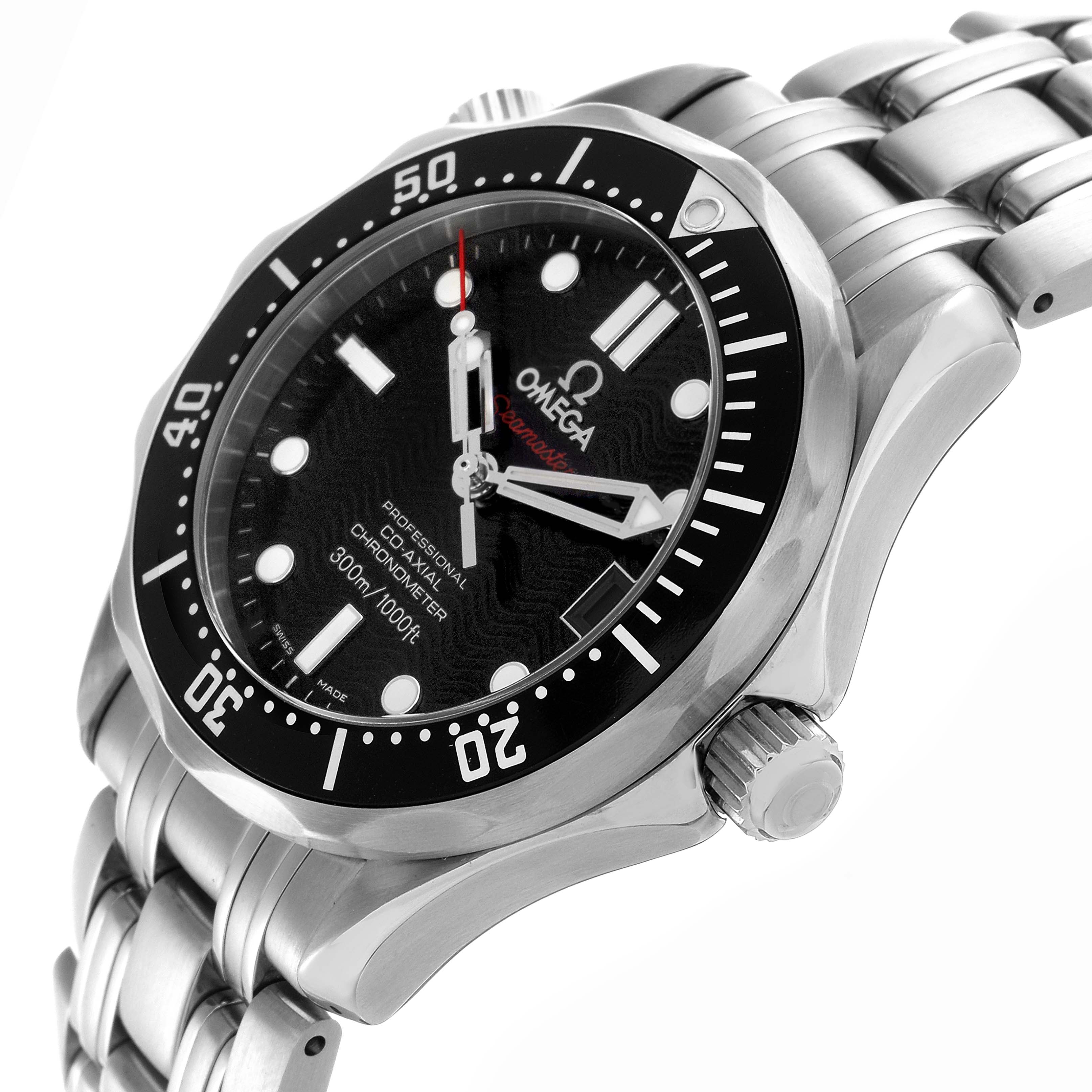 The Omega Seamaster 212.30.36.20.01.001 Men
s Stainless Steel Black Dial 212.30.36.20.01.001 Men
s Stainless Steel Black Dial watch is shown at an angle highlighting the face, bezel, crown, and stainless steel bracelet.