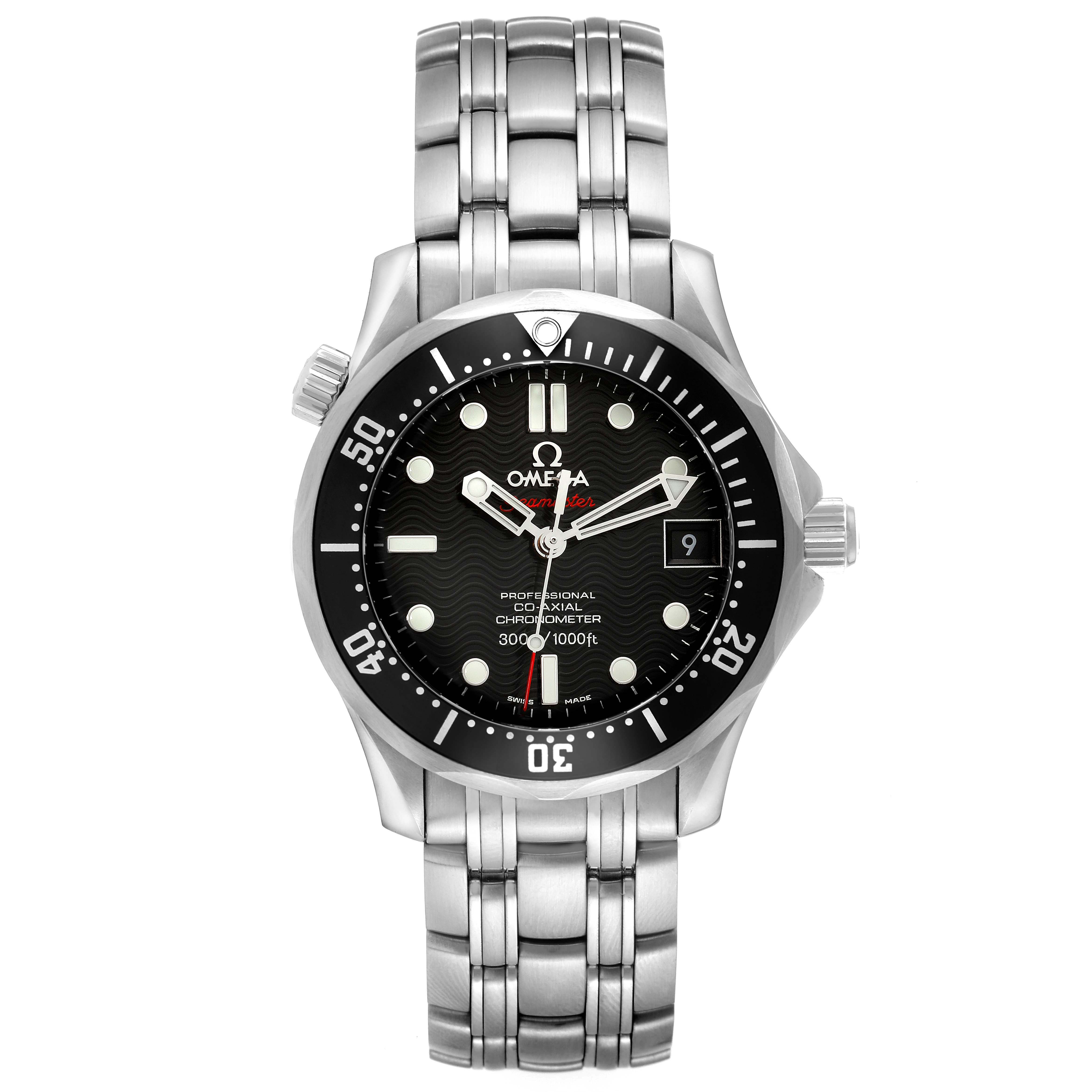 The Omega Seamaster 212.30.36.20.01.001 Men
s Stainless Steel Black Dial 212.30.36.20.01.001 Men
s Stainless Steel Black Dial watch is shown from a front angle, displaying the face, hands, bezel, and bracelet.