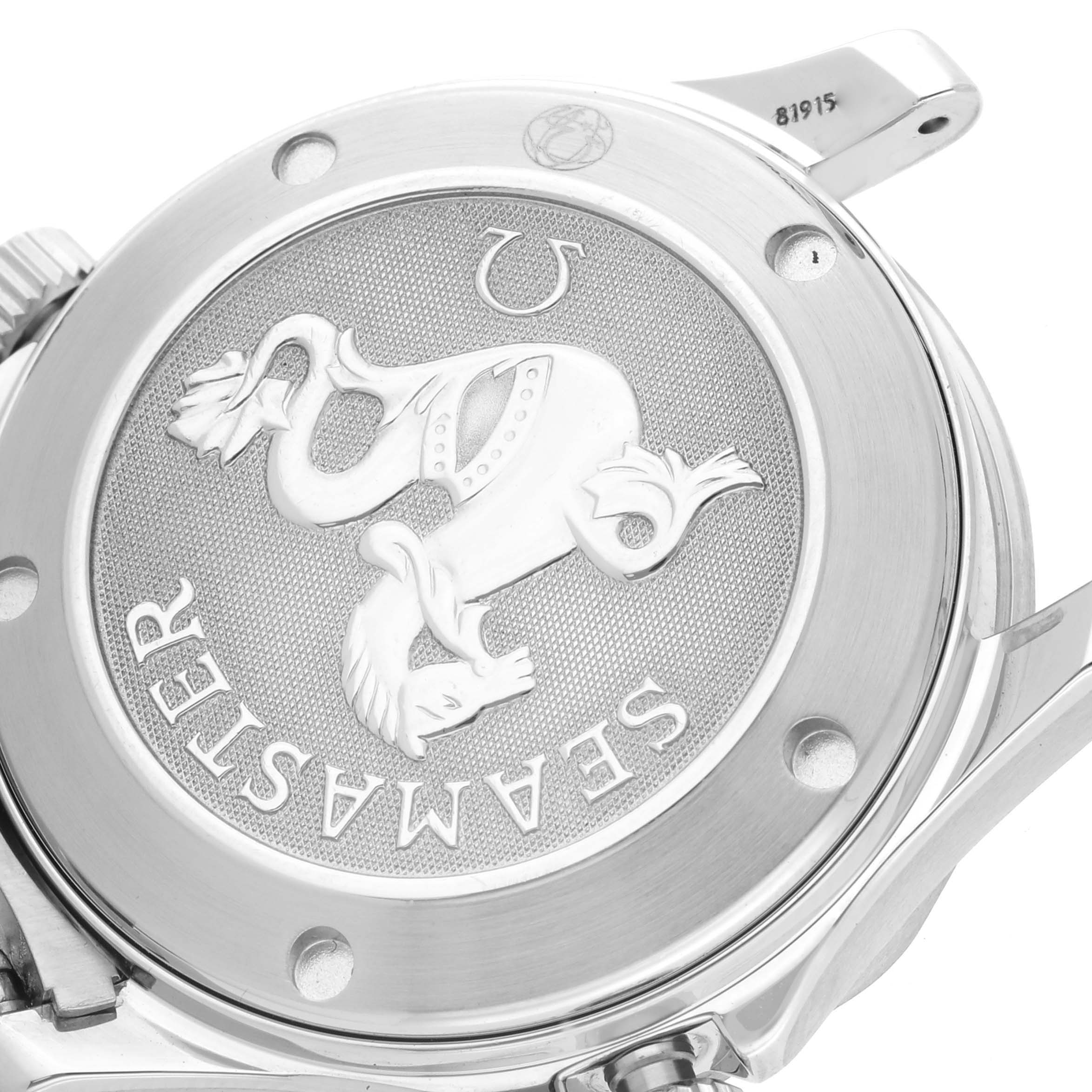 The image shows the case back of the Omega Seamaster 212.30.36.20.01.001 Men
s Stainless Steel Black Dial 212.30.36.20.01.001 Men
s Stainless Steel Black Dial, highlighting the engraved logo and polished finish.