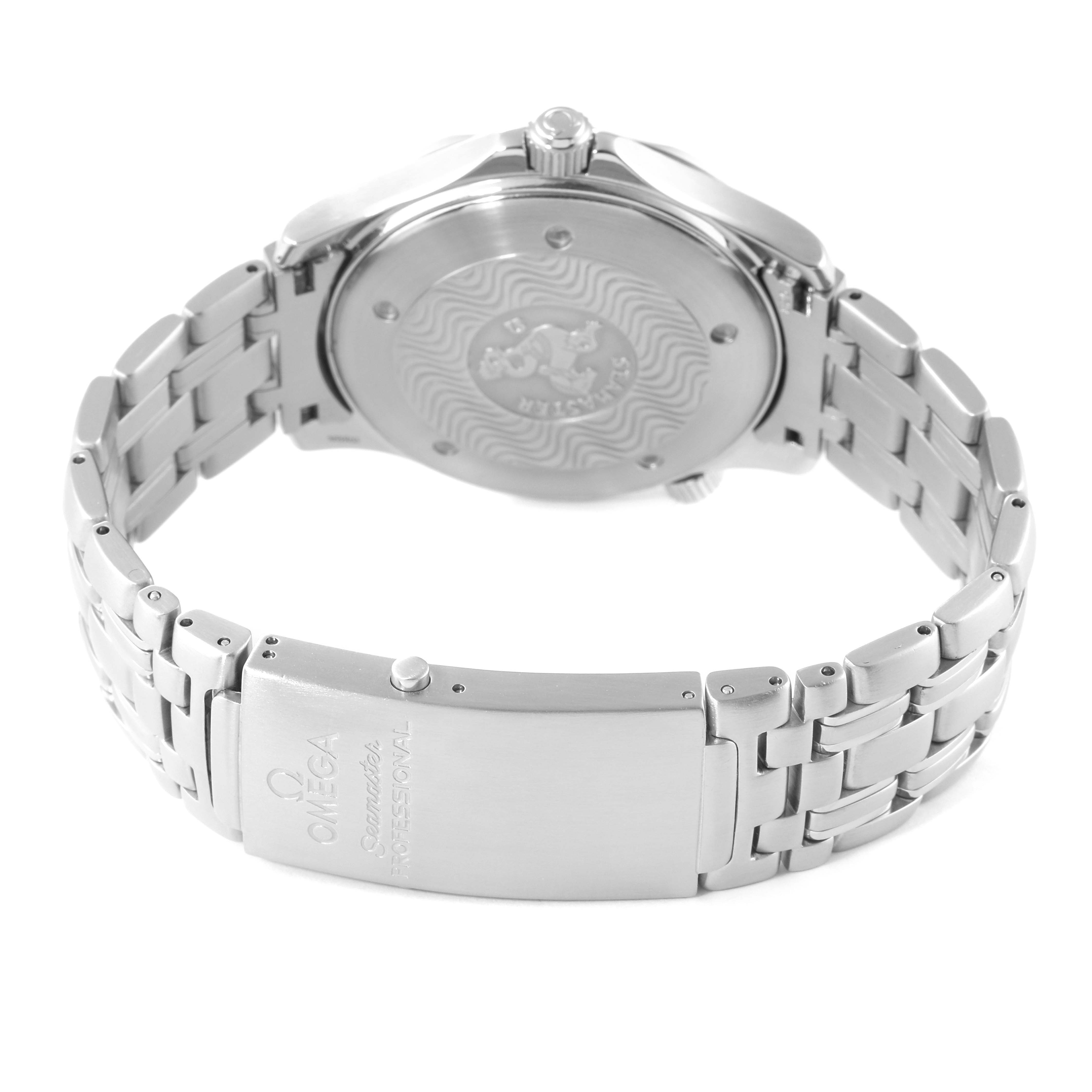 The image shows the back case and metal bracelet of an Omega Seamaster 2541.80.00 Men's Stainless Steel Blue Dial 2541.80.00 Men's Stainless Steel Blue Dial watch, captured from a rear angle.