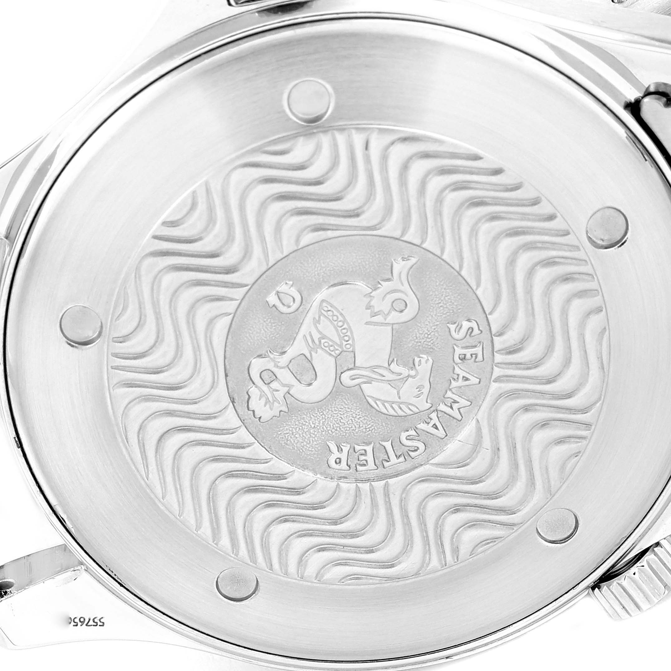 The image shows the case back of the Omega Seamaster 2541.80.00 Men's Stainless Steel Blue Dial 2541.80.00 Men's Stainless Steel Blue Dial watch, displaying its engraved design.