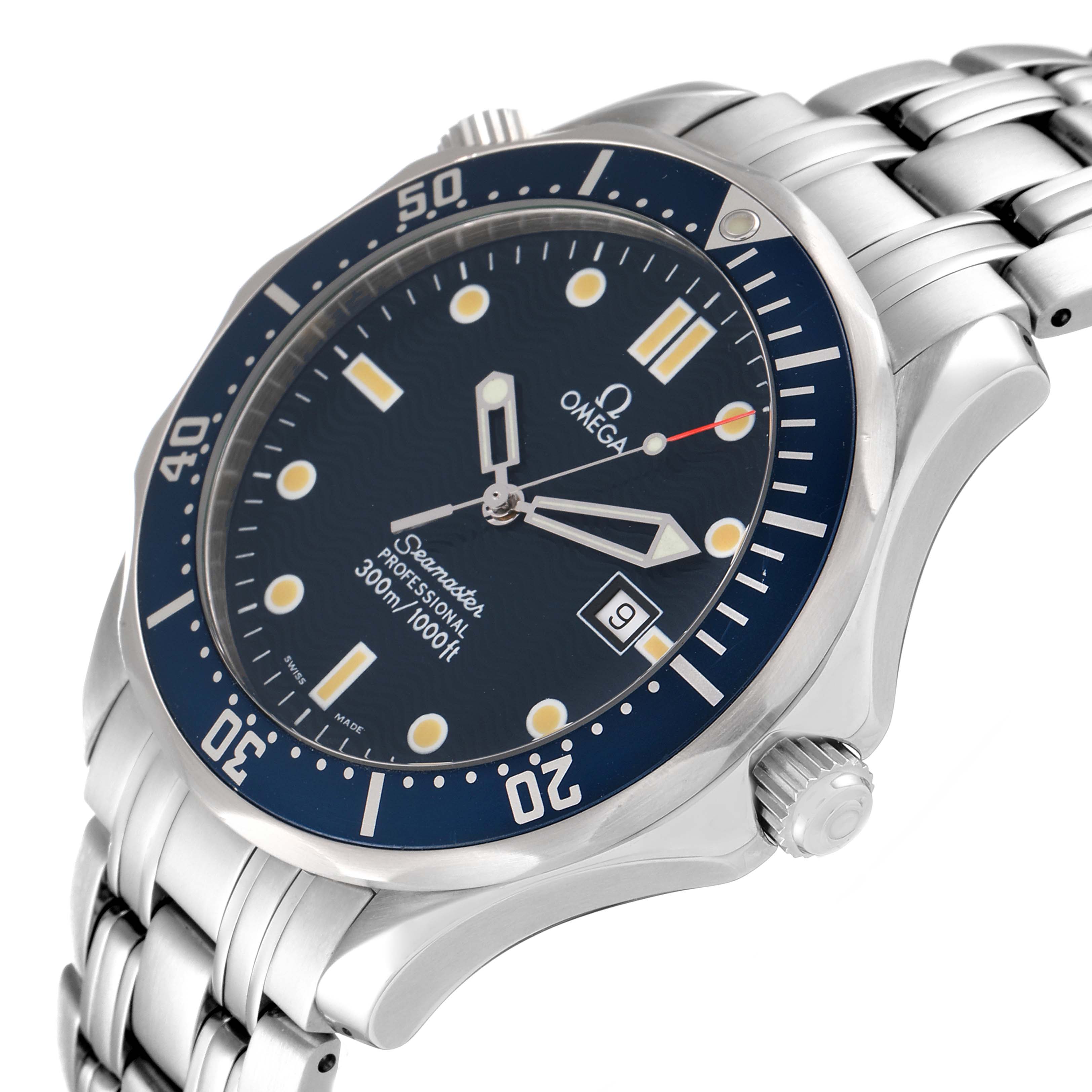 The image shows a close-up angle of the Omega Seamaster 2541.80.00 Men's Stainless Steel Blue Dial 2541.80.00 Men's Stainless Steel Blue Dial watch, displaying the dial, bezel, case, and part of the bracelet.