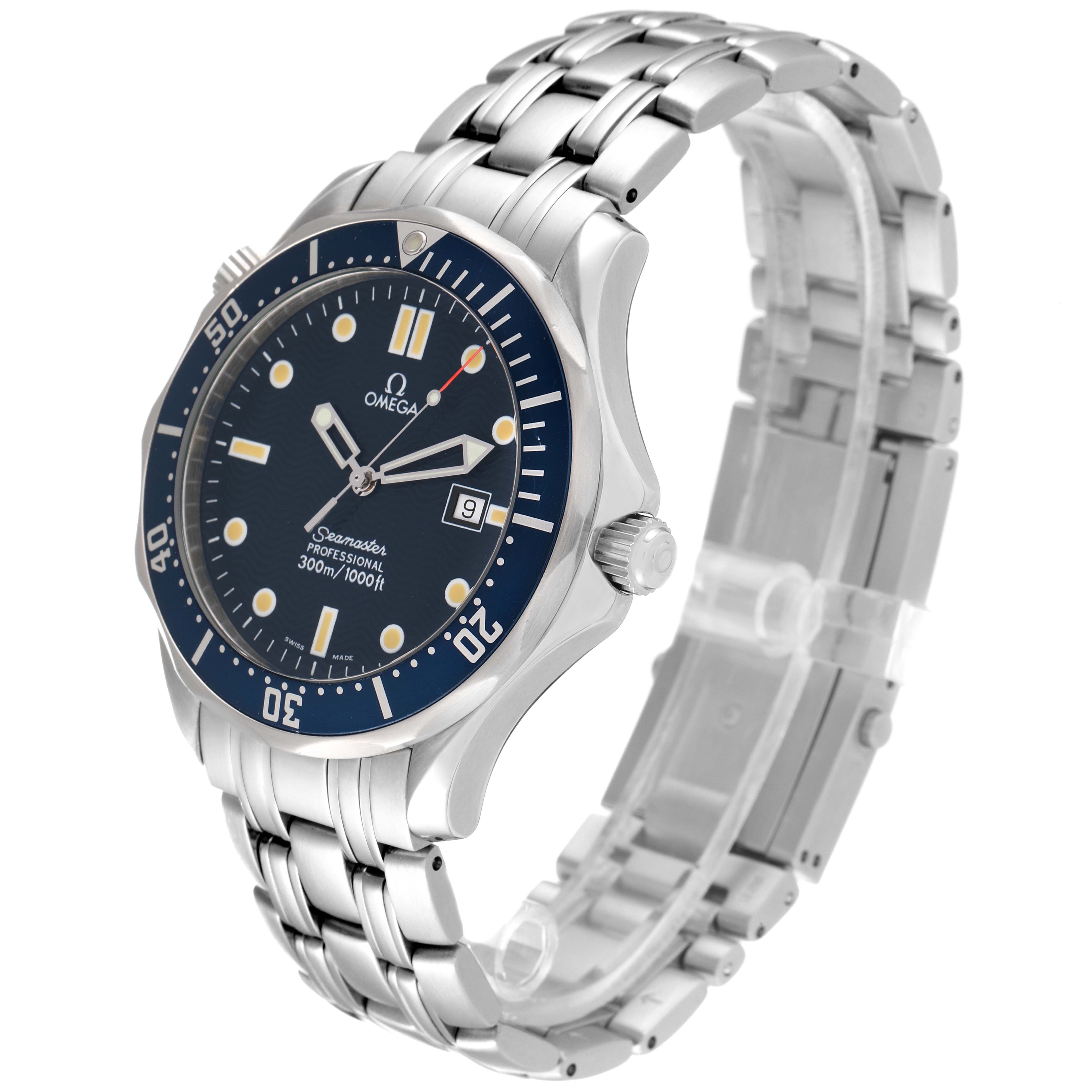 This image shows an Omega Seamaster 2541.80.00 Men's Stainless Steel Blue Dial 2541.80.00 Men's Stainless Steel Blue Dial watch angled to display the dial, bezel, crown, and stainless steel bracelet.