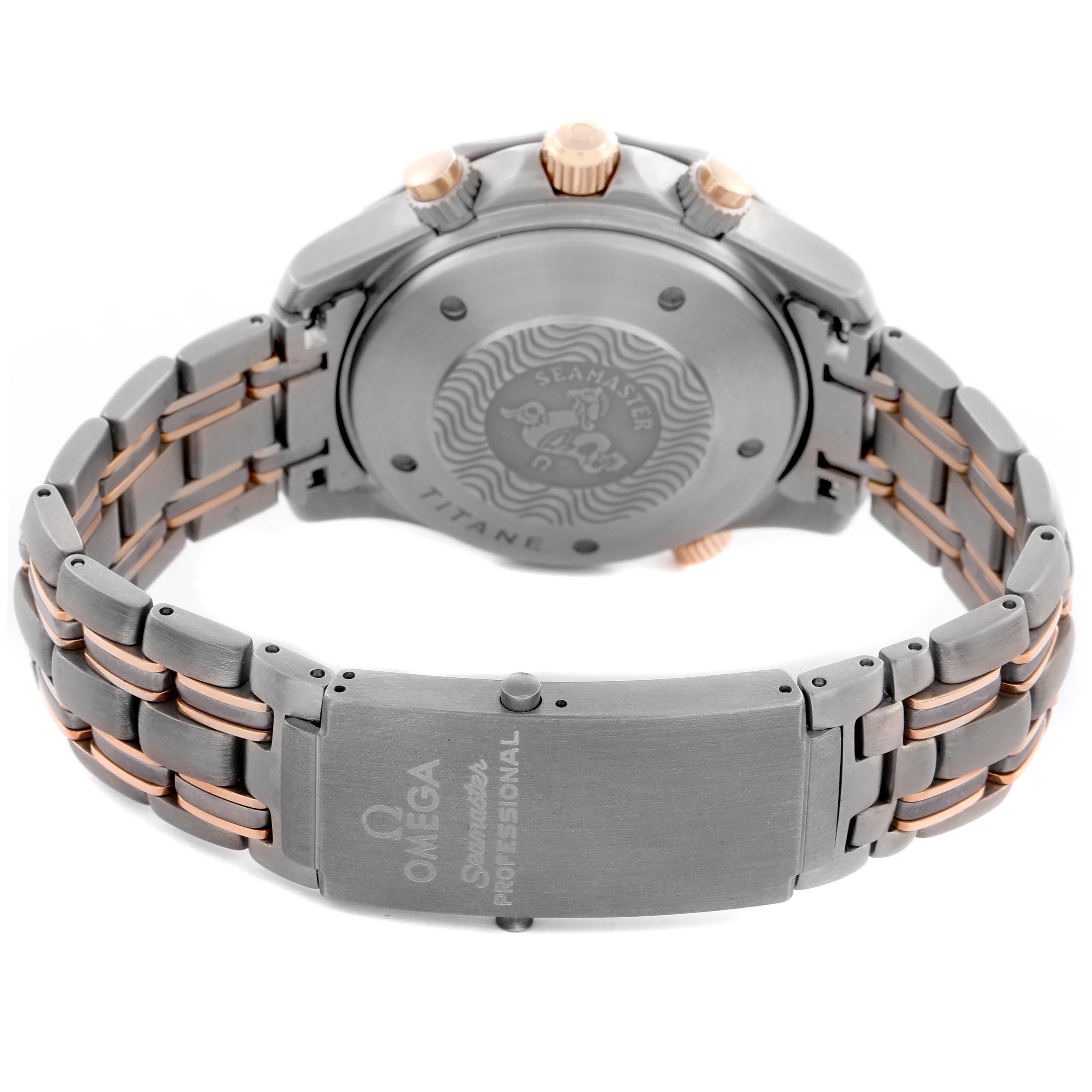 The image shows the back case, bracelet, and clasp of the Omega Seamaster 2296.80.00 Men
s Titanium Blue Dial 2296.80.00 Men
s Titanium Blue Dial, highlighting its design and engravings.