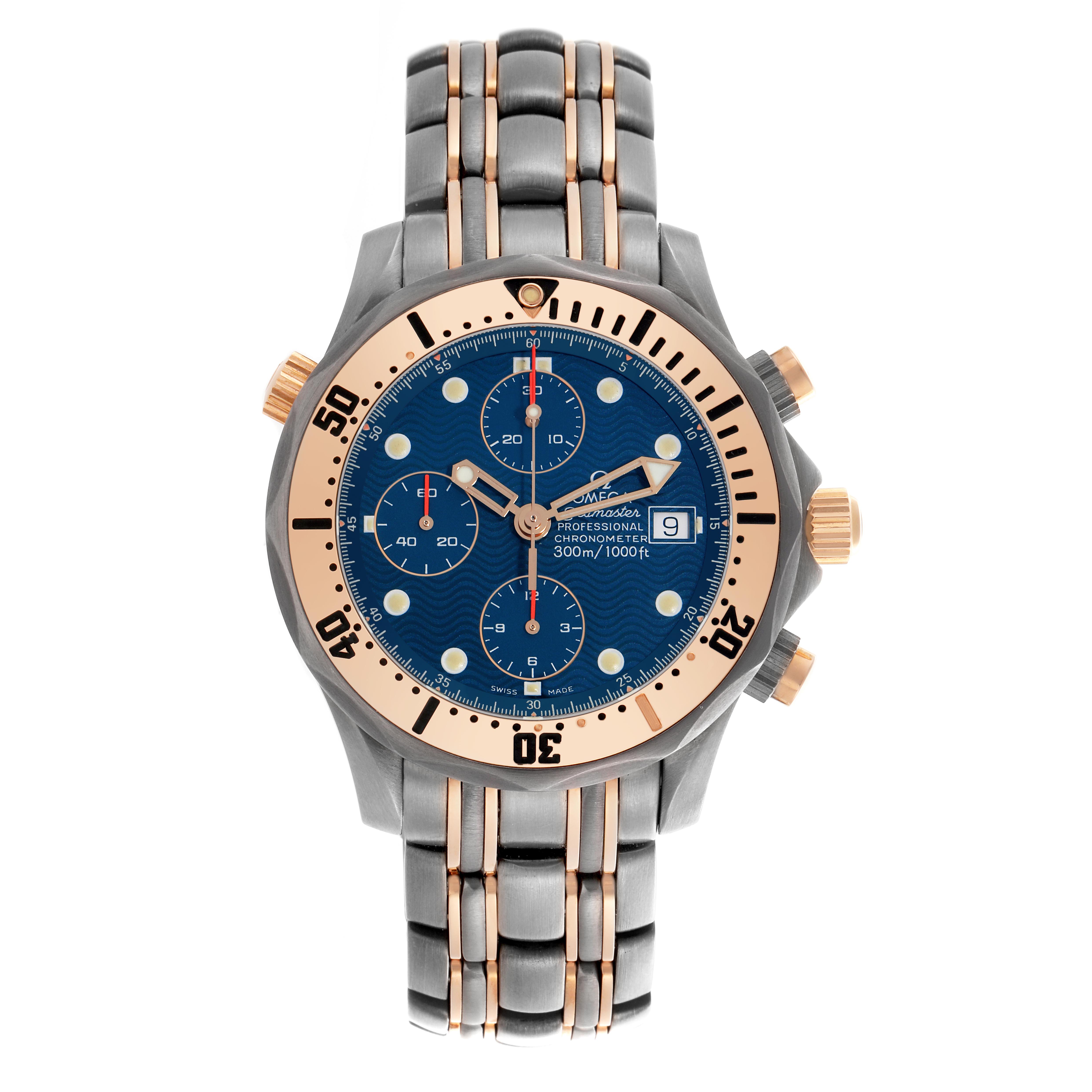 The Omega Seamaster 2296.80.00 Men
s Titanium Blue Dial 2296.80.00 Men
s Titanium Blue Dial watch is shown from the front, highlighting its dial, bezel, subdials, crown, and bracelet.
