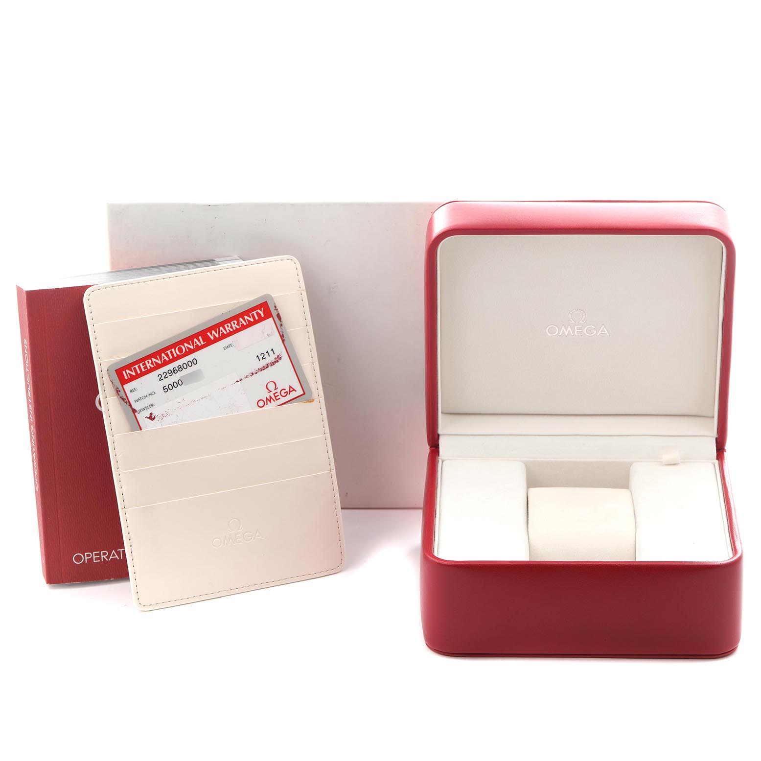 The image shows an Omega Seamaster 2296.80.00 Men
s Titanium Blue Dial 2296.80.00 Men
s Titanium Blue Dial box, warranty card holder, and an operations manual from a front angle.