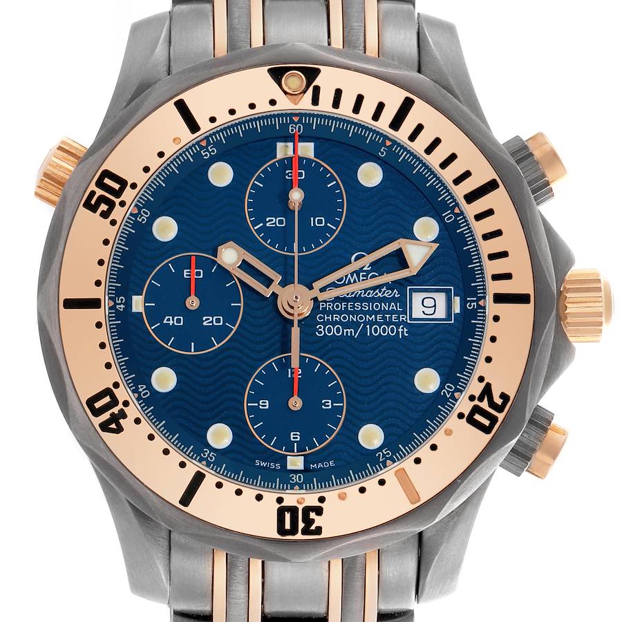 The Omega Seamaster watch is shown from a front angle, highlighting the face, bezel, and chronograph subdials.