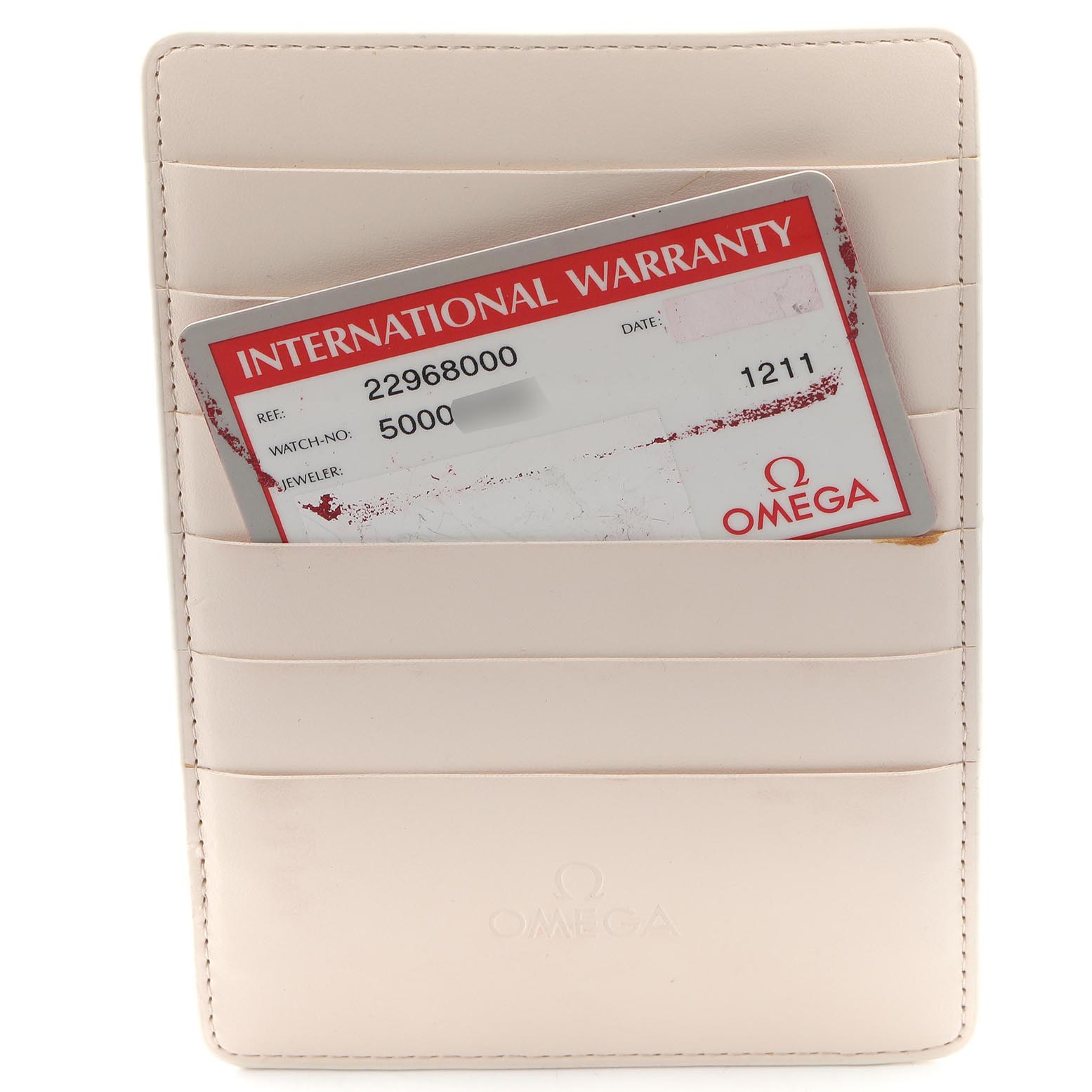 The image shows an Omega Seamaster 2296.80.00 Men
s Titanium Blue Dial 2296.80.00 Men
s Titanium Blue Dial international warranty card in a beige wallet, viewed from the front.