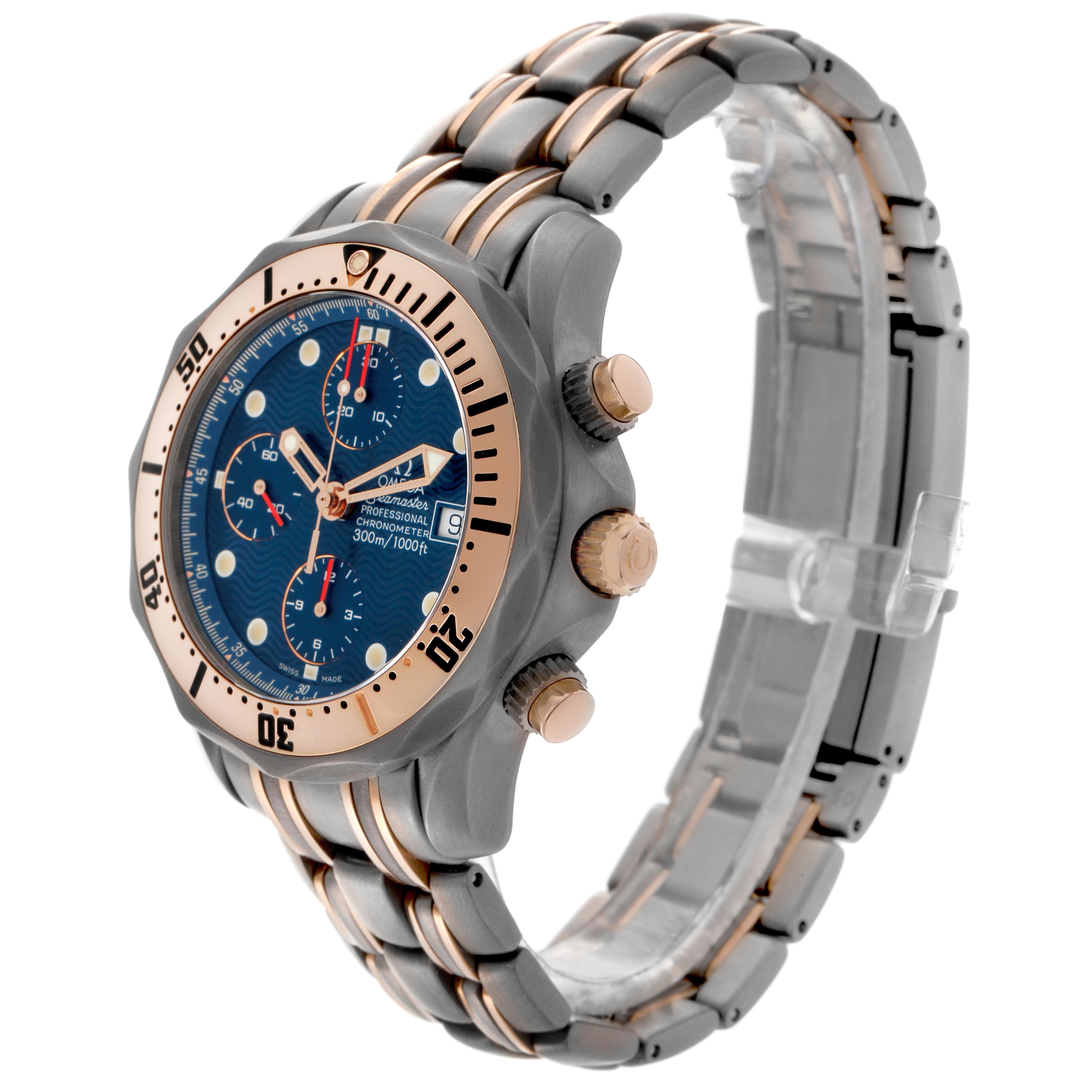 The Omega Seamaster 2296.80.00 Men
s Titanium Blue Dial 2296.80.00 Men
s Titanium Blue Dial watch is shown at a three-quarter angle, displaying the bezel, side buttons, bracelet, and blue dial.