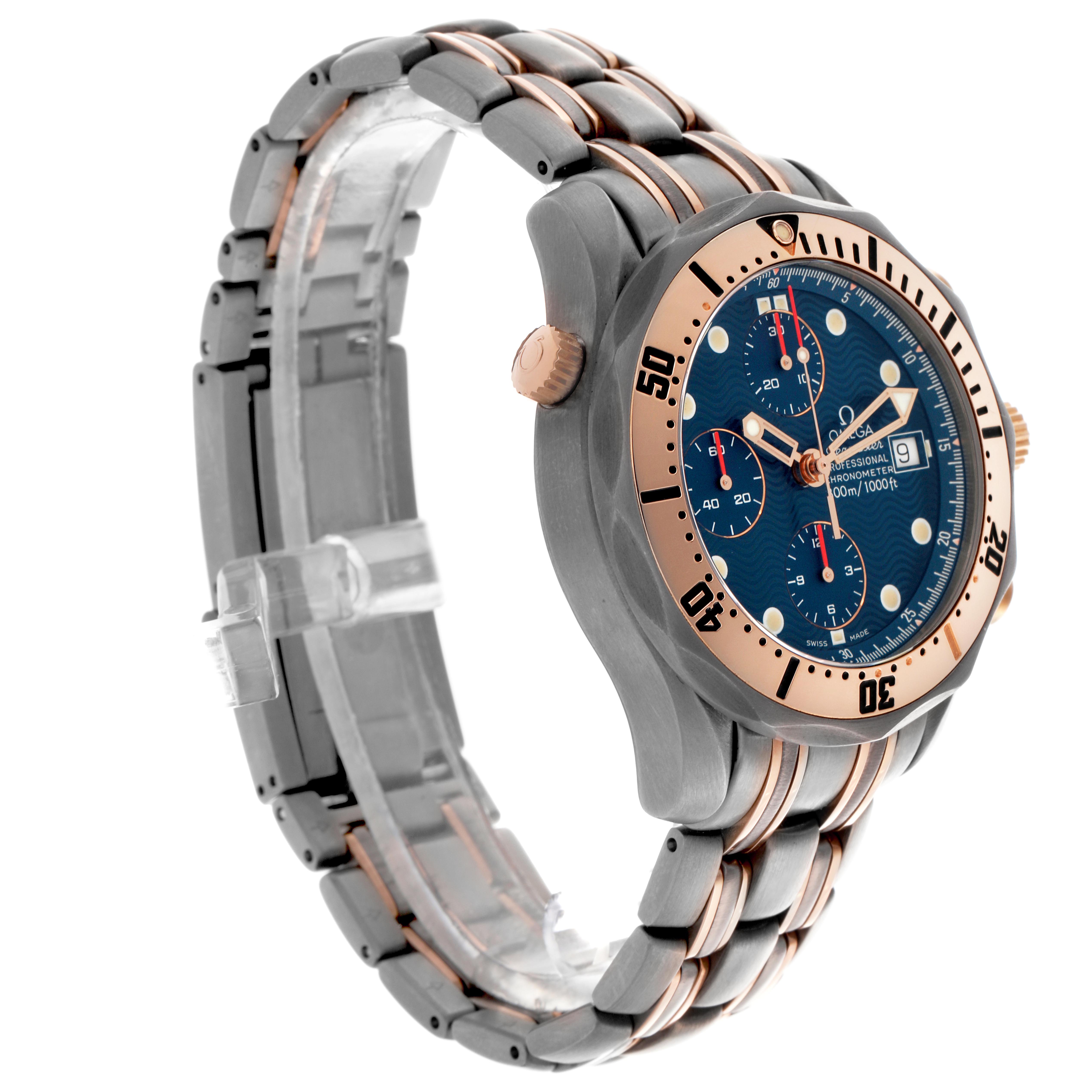 The Omega Seamaster 2296.80.00 Men
s Titanium Blue Dial 2296.80.00 Men
s Titanium Blue Dial watch is shown from a three-quarter angle, highlighting the bezel, dial, case, bracelet, and crown.