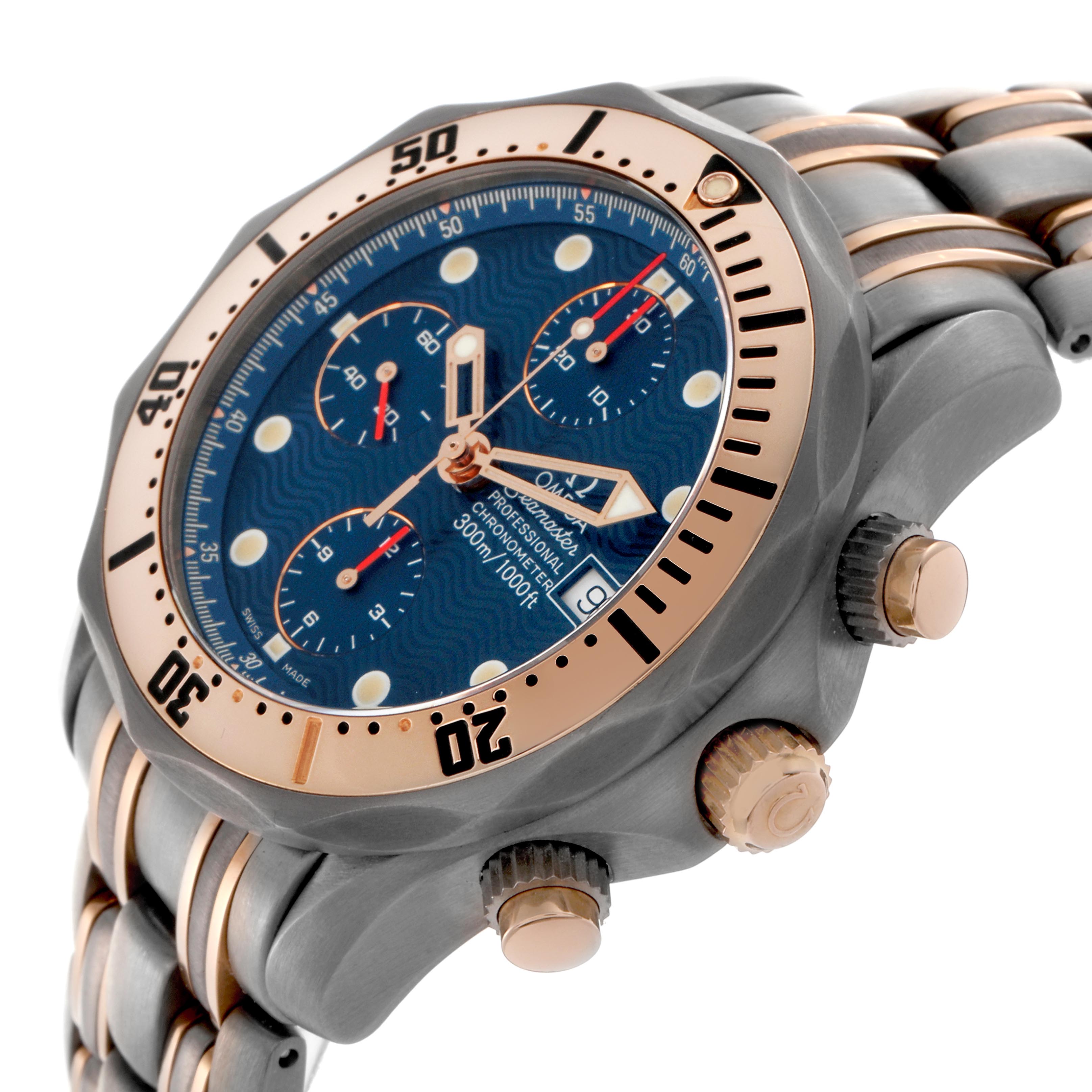The Omega Seamaster 2296.80.00 Men
s Titanium Blue Dial 2296.80.00 Men
s Titanium Blue Dial watch is shown at an angled view, highlighting its face, bezel, and crown.