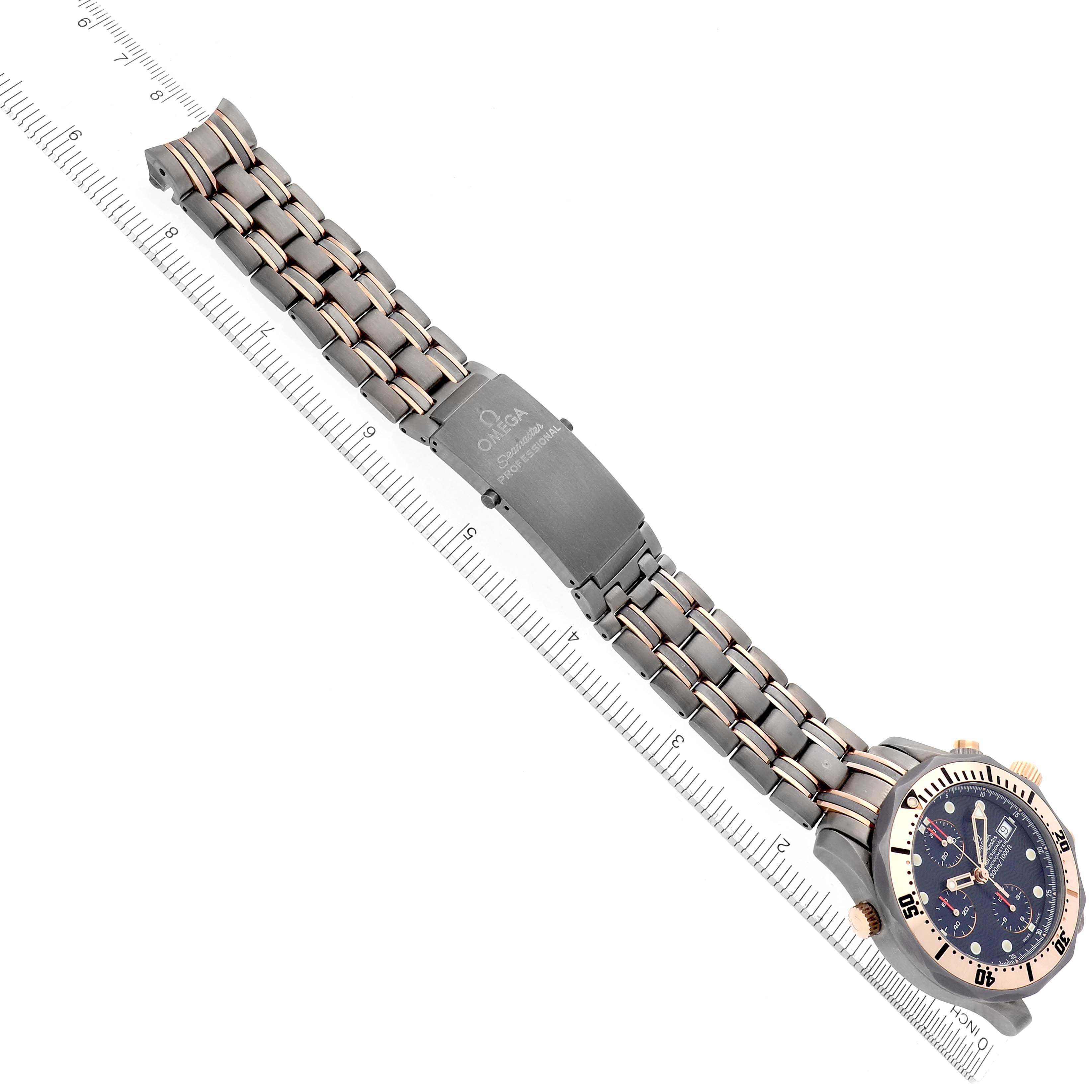 The Omega Seamaster 2296.80.00 Men
s Titanium Blue Dial 2296.80.00 Men
s Titanium Blue Dial watch is shown at an angle highlighting its bracelet, clasp, and partially the face.