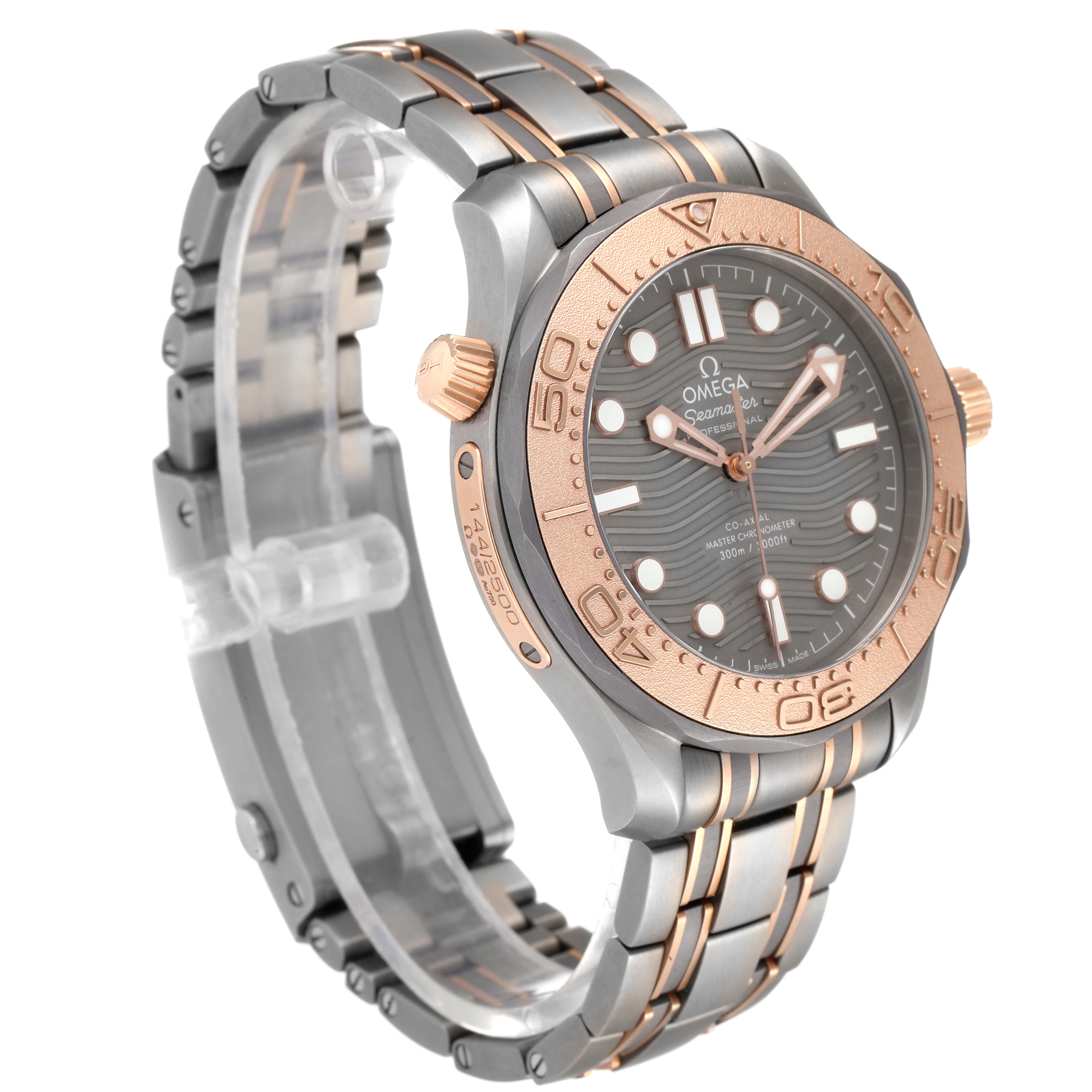 This image shows an angled view of the Omega Seamaster 210.60.42.20.99.001  Men
s Titanium Grey Dial 210.60.42.20.99.001  Men
s Titanium Grey Dial watch, highlighting the bezel, dial, crown, and bracelet.