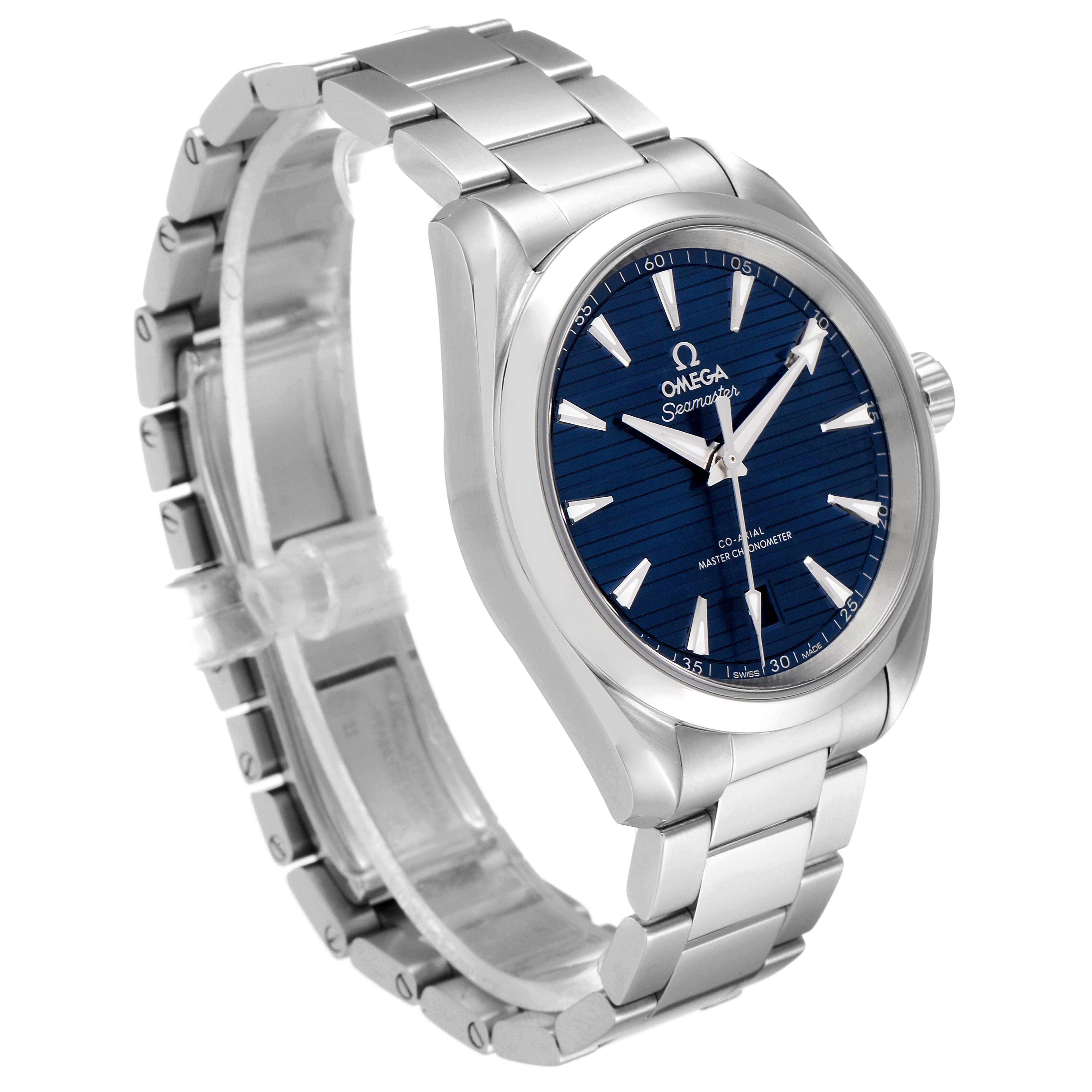 The Omega Aqua Terra 220.10.38.20.03.001 Men
s Stainless Steel Blue Dial 220.10.38.20.03.001 Men
s Stainless Steel Blue Dial watch is shown at a slight left-side angle, featuring its blue dial and stainless steel bracelet.