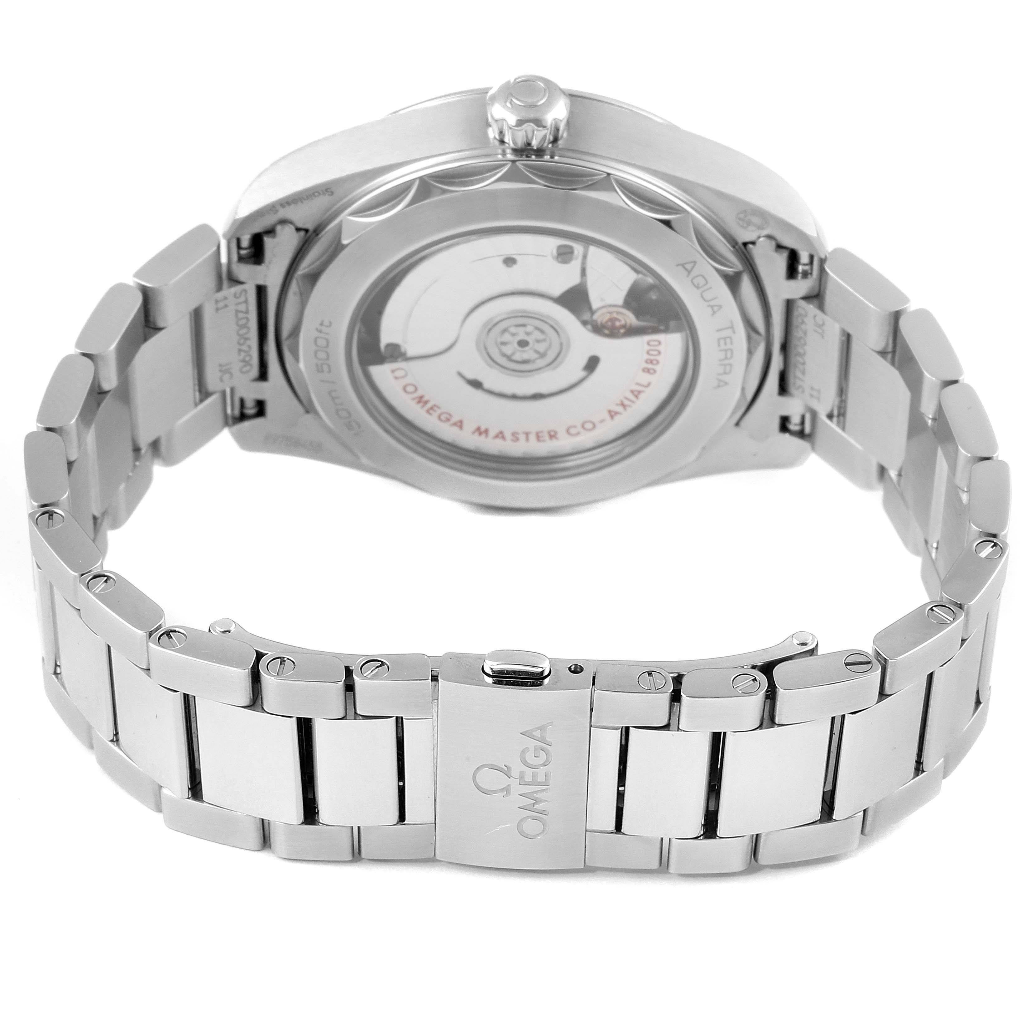 The image shows the back and bracelet of the Omega Aqua Terra 220.10.38.20.03.001 Men
s Stainless Steel Blue Dial 220.10.38.20.03.001 Men
s Stainless Steel Blue Dial watch, highlighting its clasp and movement.