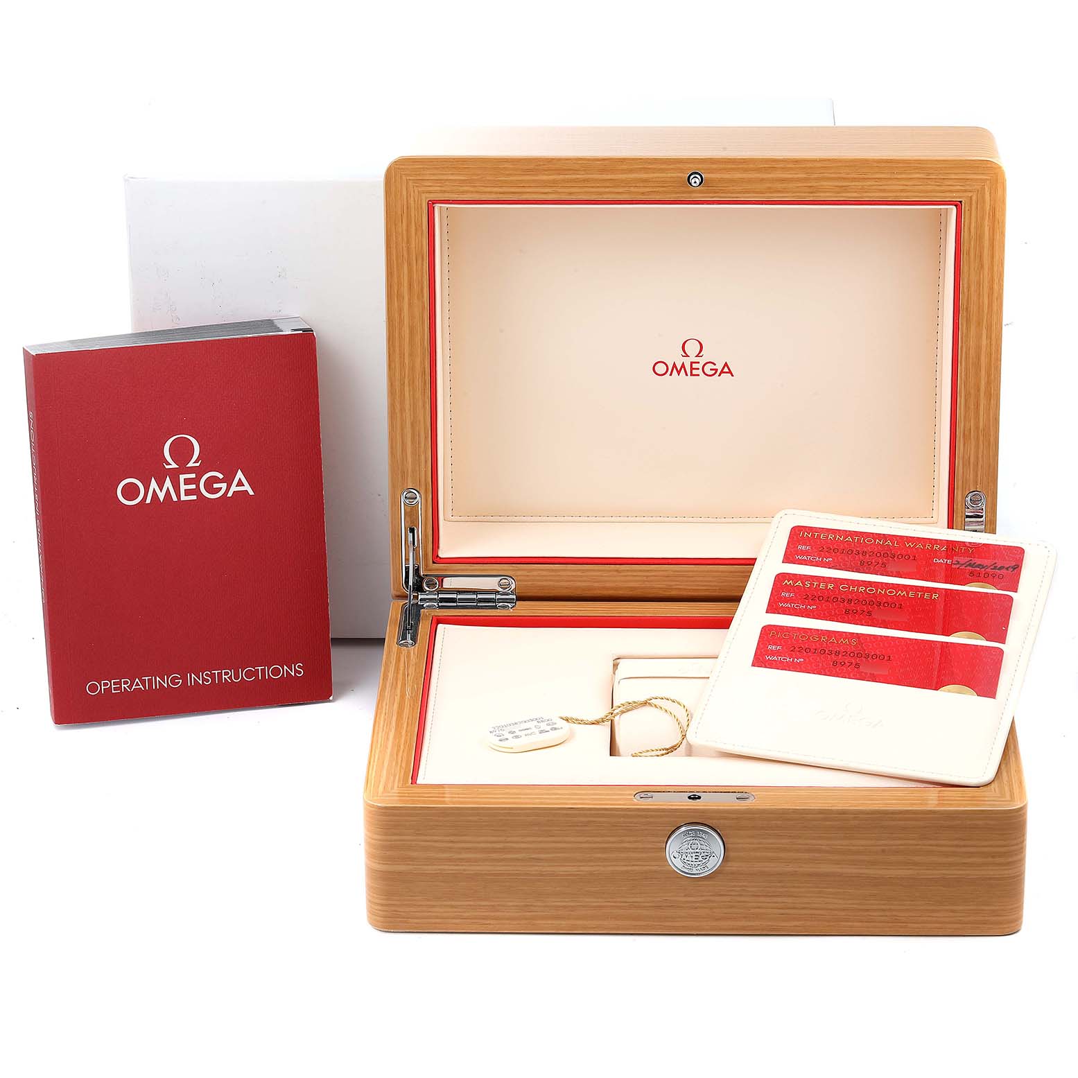 The image shows the packaging, operating instructions, and warranty cards for the Omega Aqua Terra 220.10.38.20.03.001 Men
s Stainless Steel Blue Dial 220.10.38.20.03.001 Men
s Stainless Steel Blue Dial model watch.