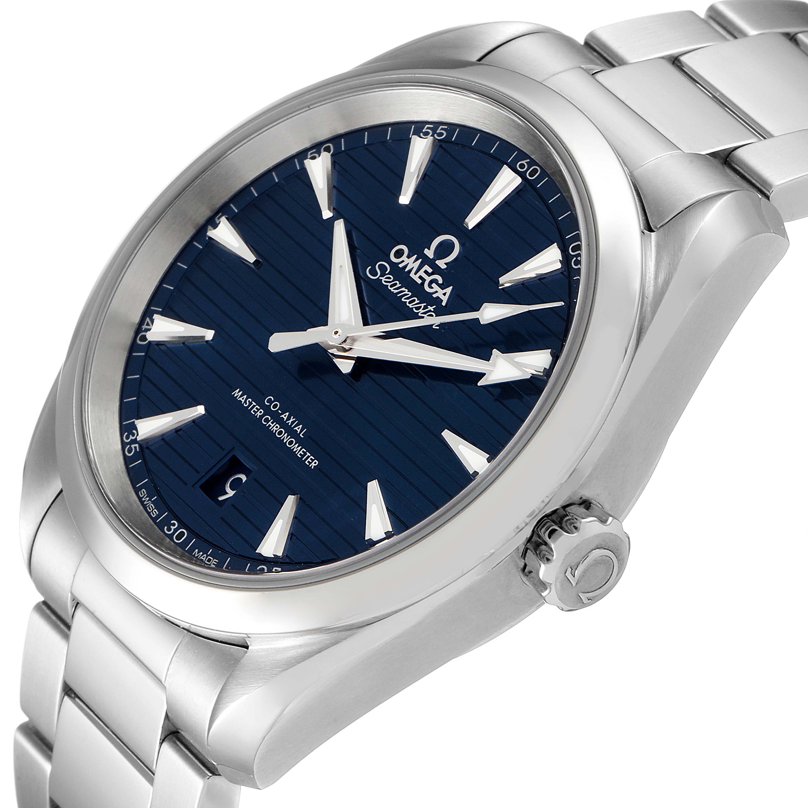 The image shows an angled view of an Omega Aqua Terra 220.10.38.20.03.001 Men
s Stainless Steel Blue Dial 220.10.38.20.03.001 Men
s Stainless Steel Blue Dial watch, highlighting the face, crown, and part of the bracelet.