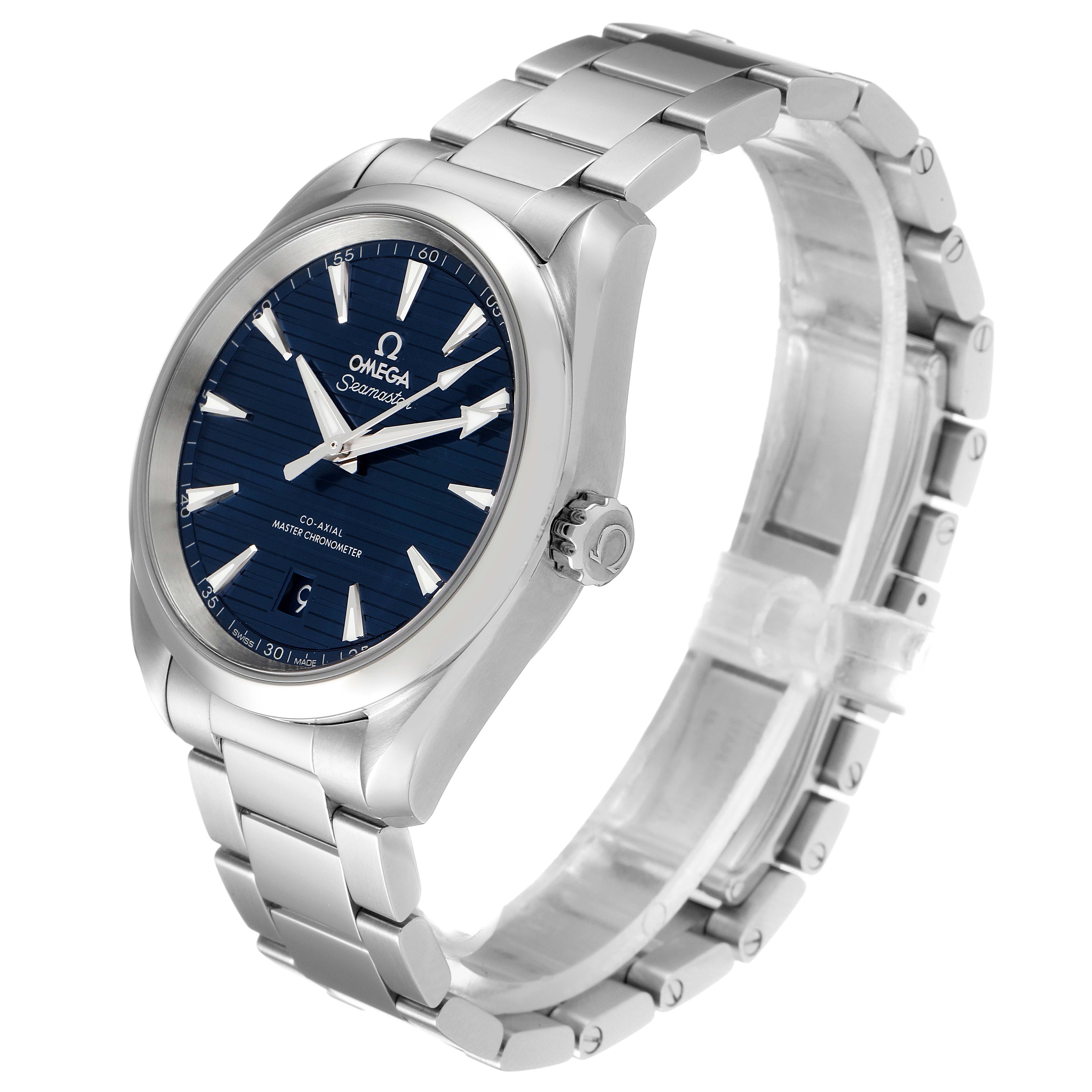 This image shows an Omega Aqua Terra 220.10.38.20.03.001 Men
s Stainless Steel Blue Dial 220.10.38.20.03.001 Men
s Stainless Steel Blue Dial watch from a three-quarter angle, highlighting its dial, bezel, bracelet, and crown.