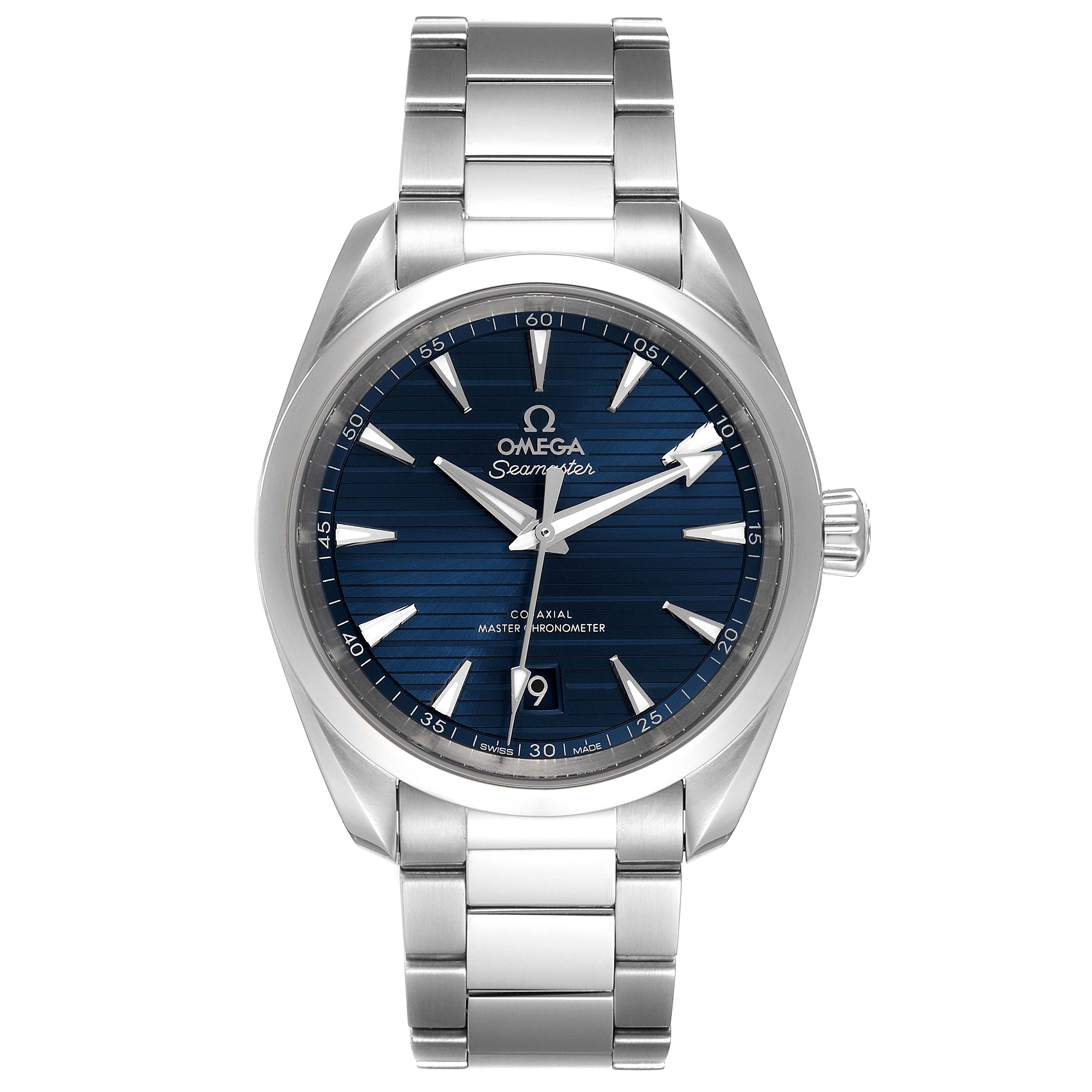 The image shows a front view of the Omega Aqua Terra 220.10.38.20.03.001 Men
s Stainless Steel Blue Dial 220.10.38.20.03.001 Men
s Stainless Steel Blue Dial watch, displaying its face, hands, bracelet, and crown.