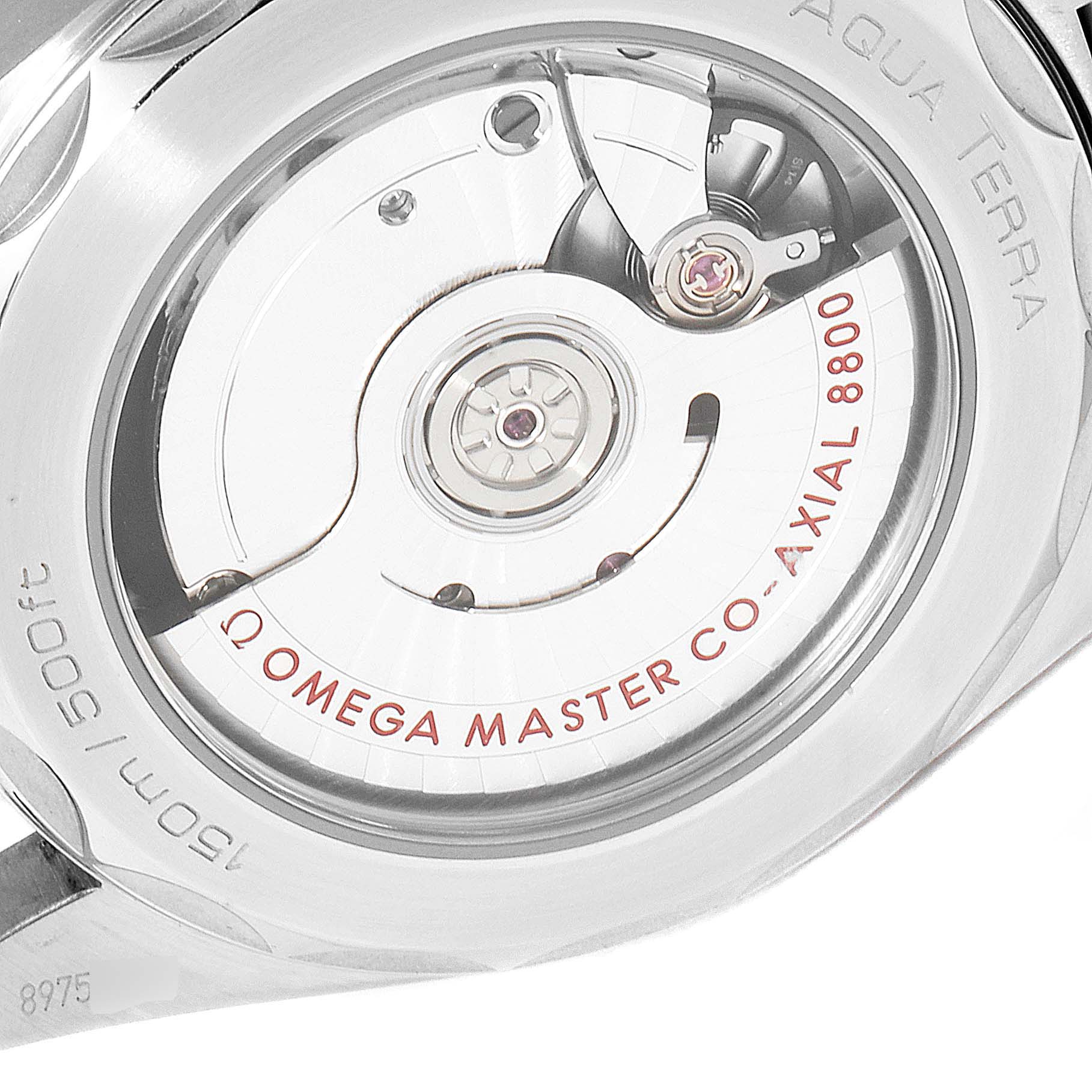 The image shows a close-up of the Omega Aqua Terra 220.10.38.20.03.001 Men
s Stainless Steel Blue Dial 220.10.38.20.03.001 Men
s Stainless Steel Blue Dial watch
s transparent case back, revealing the inner Co-Axial 8800 movement.