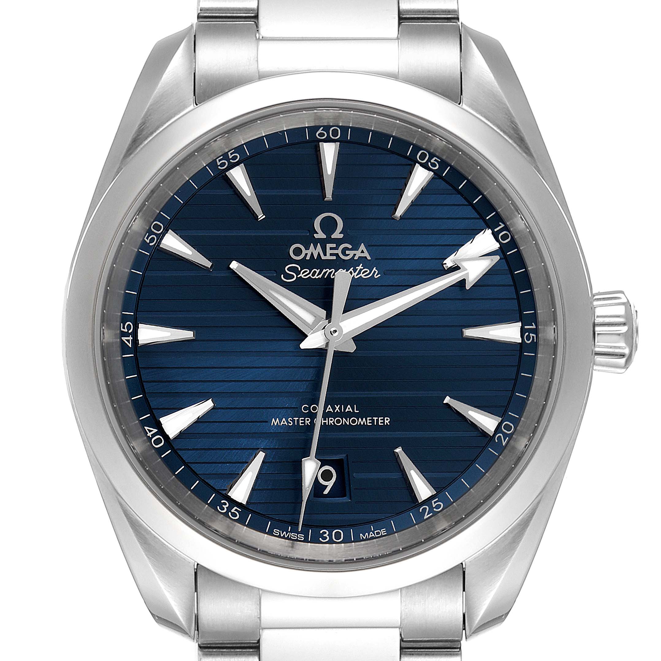 This image shows a front view of the Omega Seamaster Aqua Terra model watch, highlighting its blue dial, hands, markers, and part of its bracelet.
