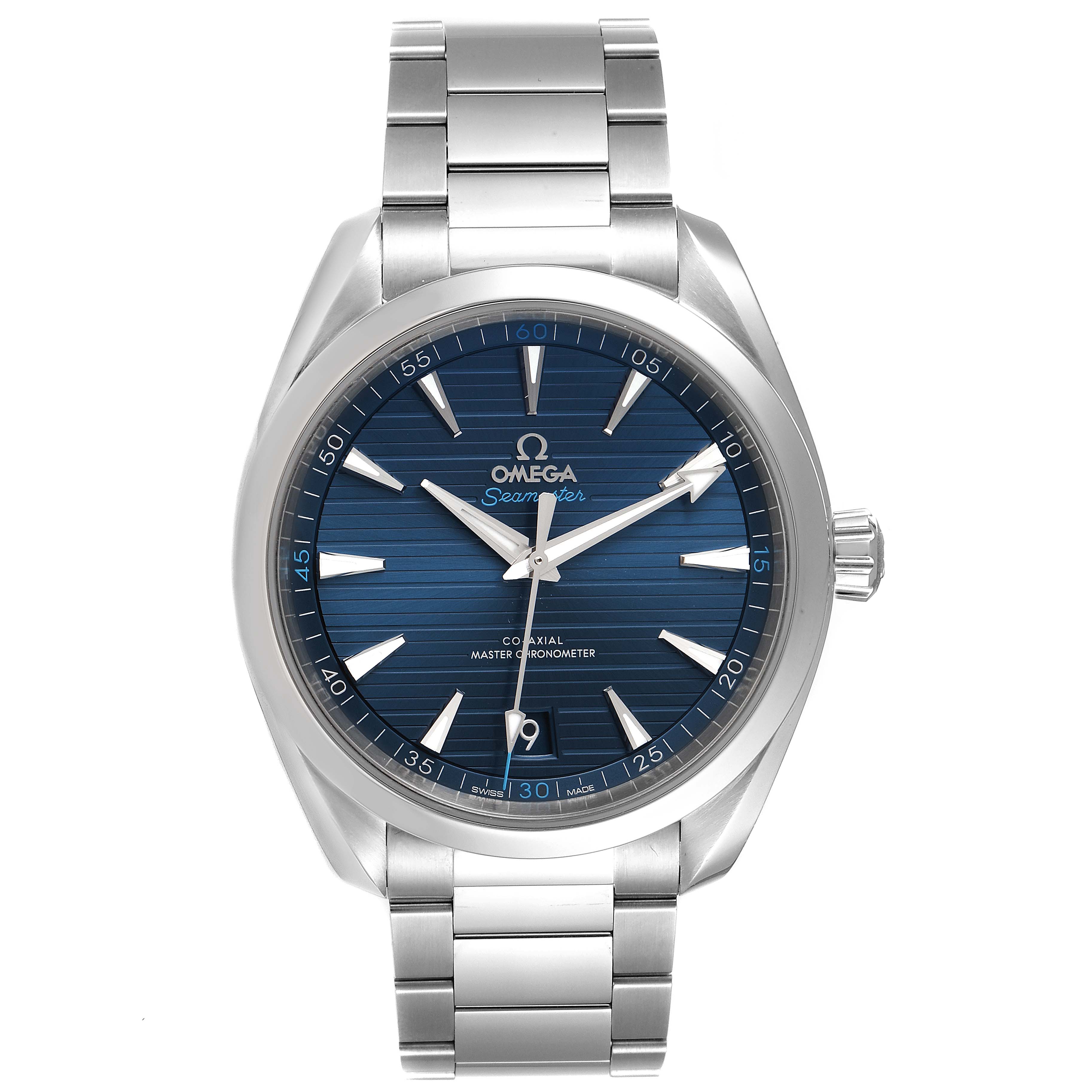 This image shows a front-facing view of the Omega Aqua Terra 220.10.41.21.03.001 Men's Stainless Steel Blue Dial 220.10.41.21.03.001 Men's Stainless Steel Blue Dial watch, displaying its dial, case, bezel, and stainless steel bracelet.