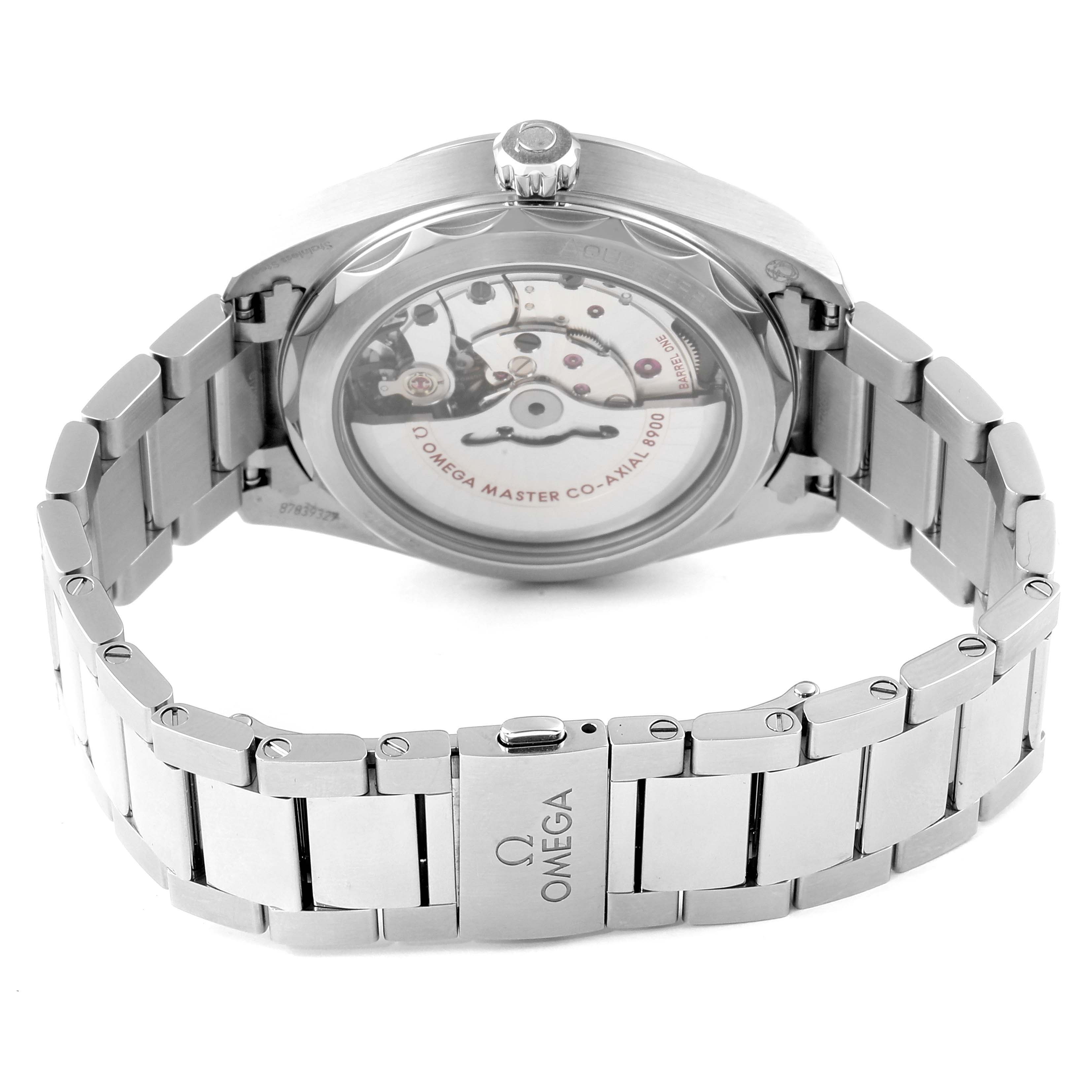 The image shows the back view of the Omega Aqua Terra 220.10.41.21.03.001 Men's Stainless Steel Blue Dial 220.10.41.21.03.001 Men's Stainless Steel Blue Dial watch displaying its stainless steel bracelet and see-through case back.