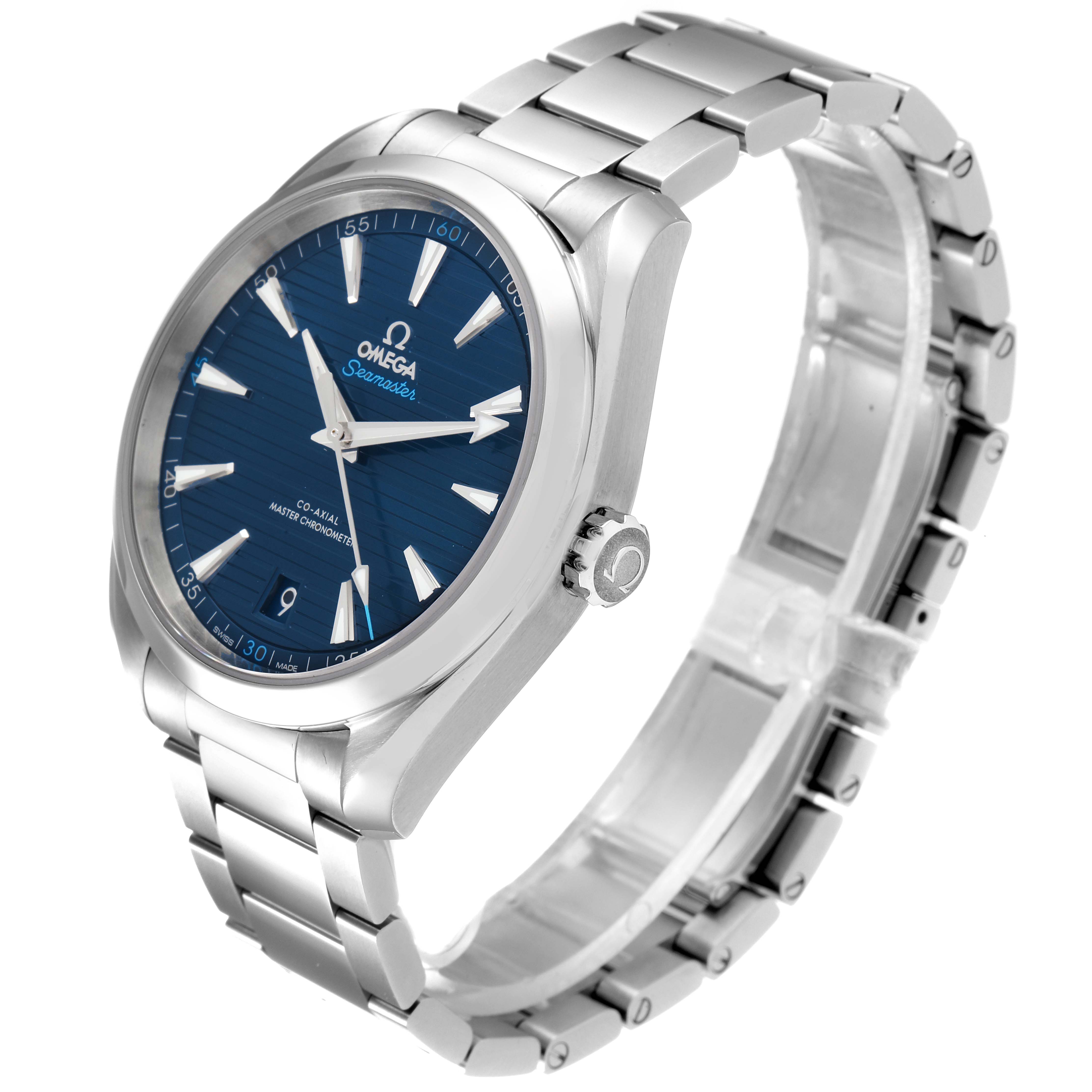 The image shows an angled view of the Omega Aqua Terra 220.10.41.21.03.001 Men's Stainless Steel Blue Dial 220.10.41.21.03.001 Men's Stainless Steel Blue Dial watch, highlighting its blue dial, stainless steel case, and bracelet.