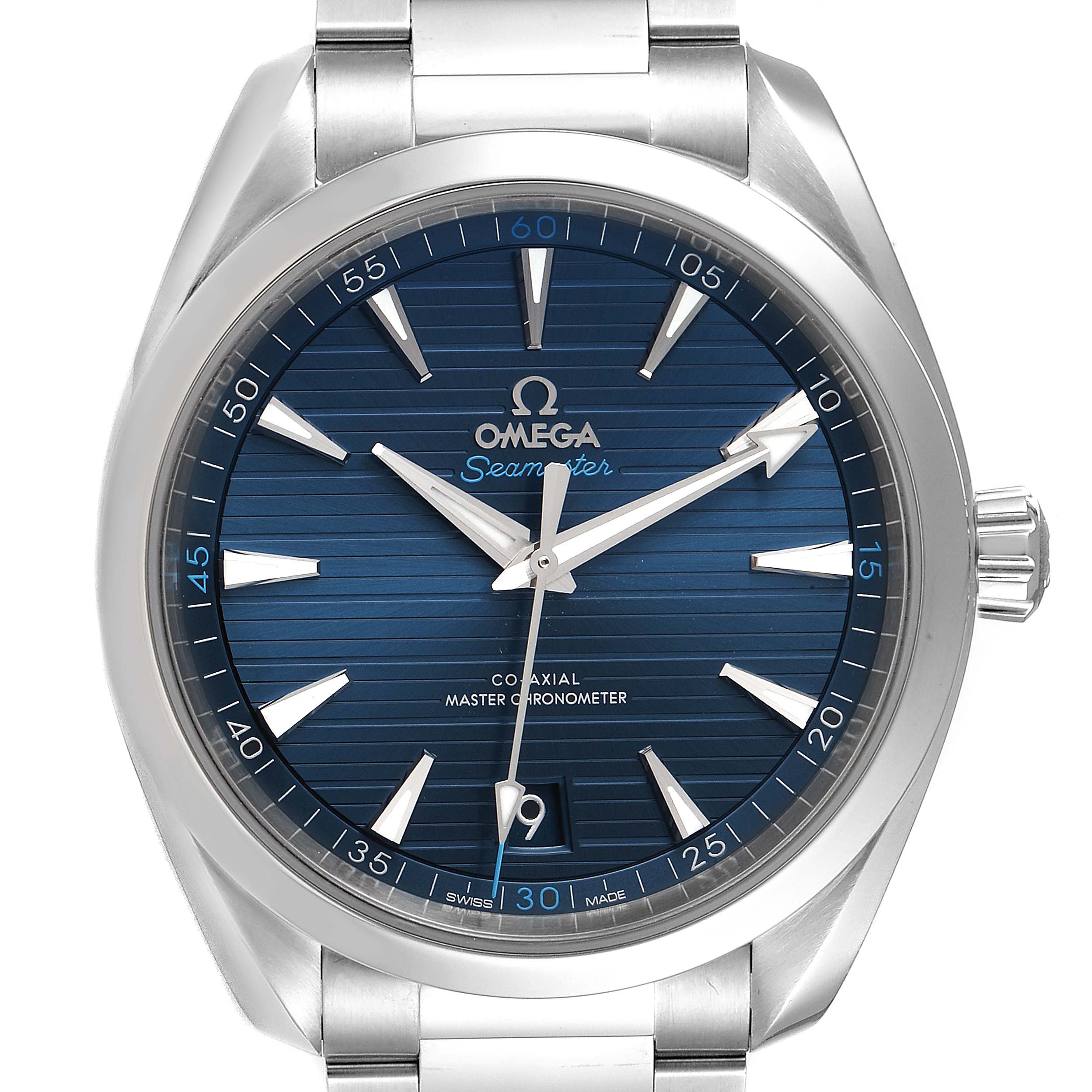 The image shows a front view of the Omega Aqua Terra 220.10.41.21.03.001 Men's Stainless Steel Blue Dial 220.10.41.21.03.001 Men's Stainless Steel Blue Dial watch, highlighting its blue dial, silver indices, and bracelet.