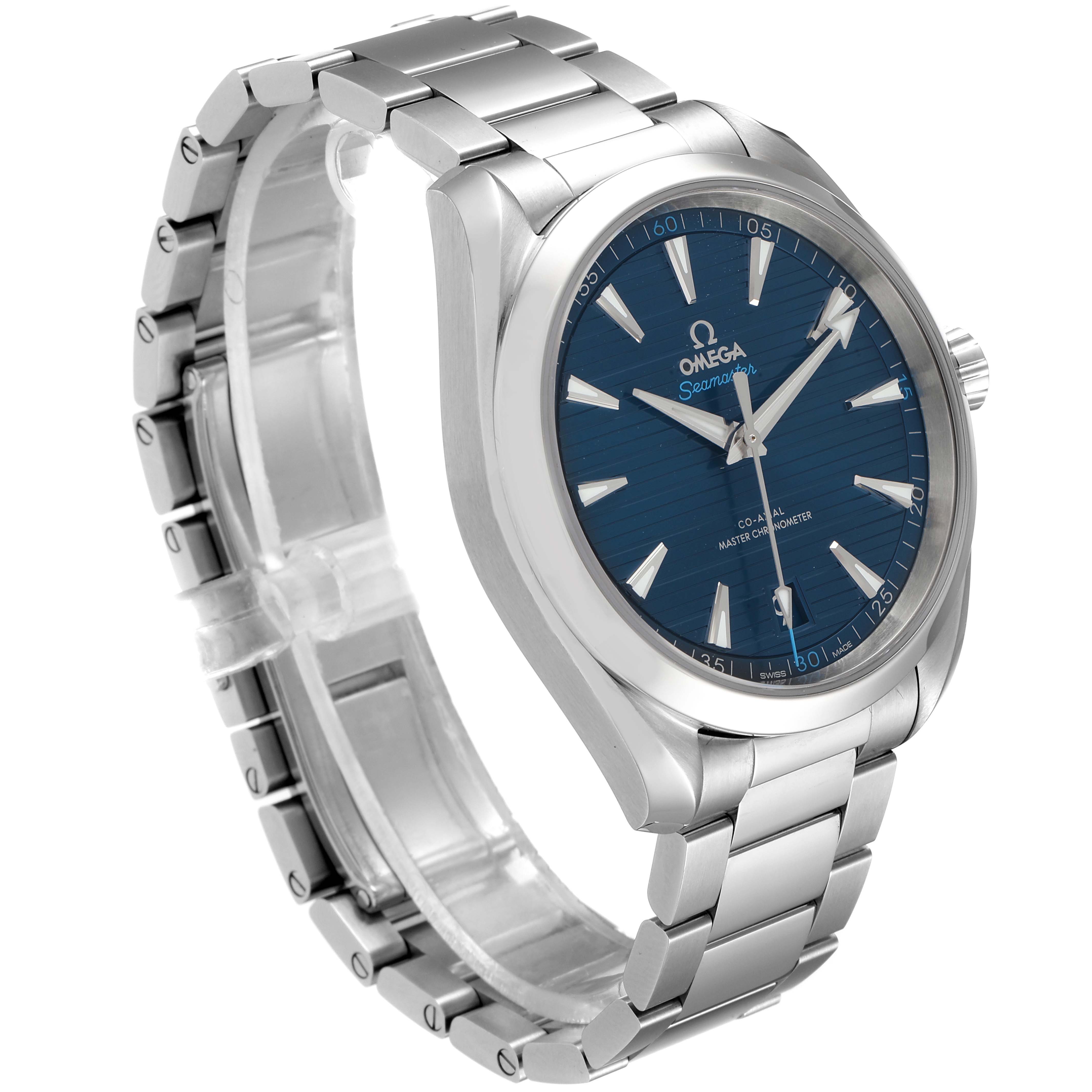 The image shows a side angle of the Omega Aqua Terra 220.10.41.21.03.001 Men's Stainless Steel Blue Dial 220.10.41.21.03.001 Men's Stainless Steel Blue Dial watch, highlighting its blue dial, bezel, and silver stainless steel bracelet.