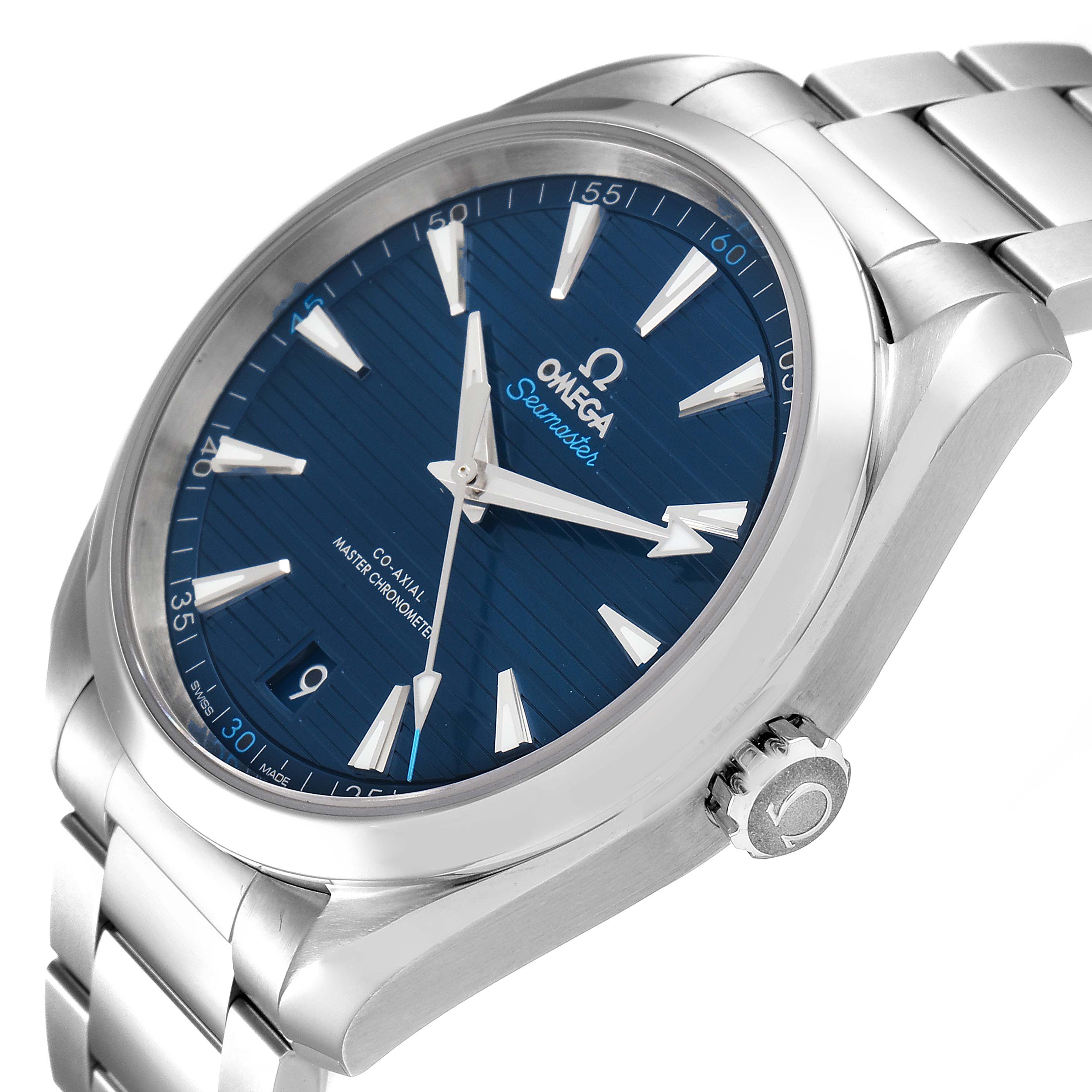 The Omega Aqua Terra 220.10.41.21.03.001 Men's Stainless Steel Blue Dial 220.10.41.21.03.001 Men's Stainless Steel Blue Dial watch is shown at an angled side view, highlighting its blue dial, silver bracelet, and crown.