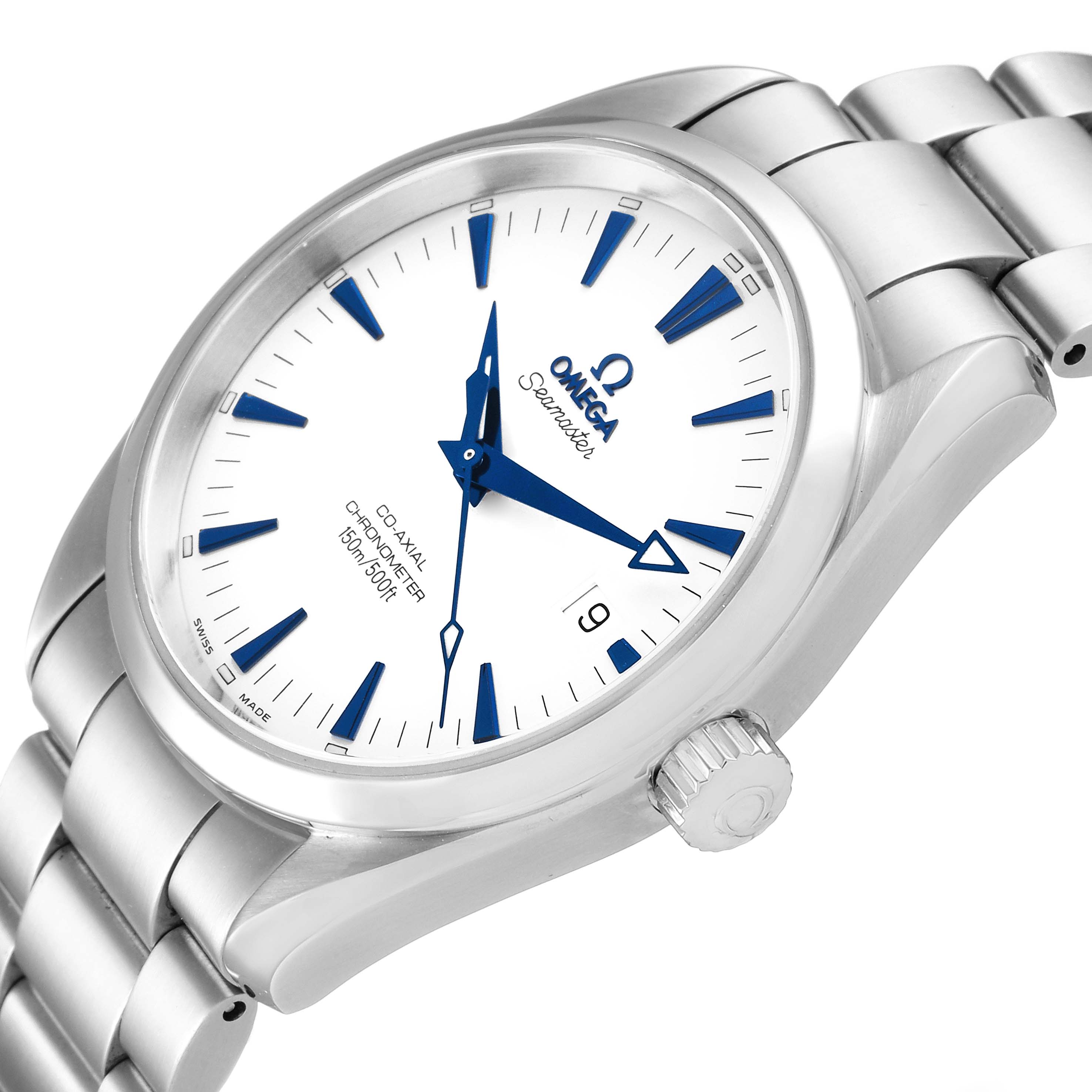 The image shows an angled close-up of the Omega Aqua Terra 2503.33.00 Men
s Stainless Steel Silver Dial 2503.33.00 Men
s Stainless Steel Silver Dial watch, highlighting the dial, hands, bezel, and part of the bracelet.