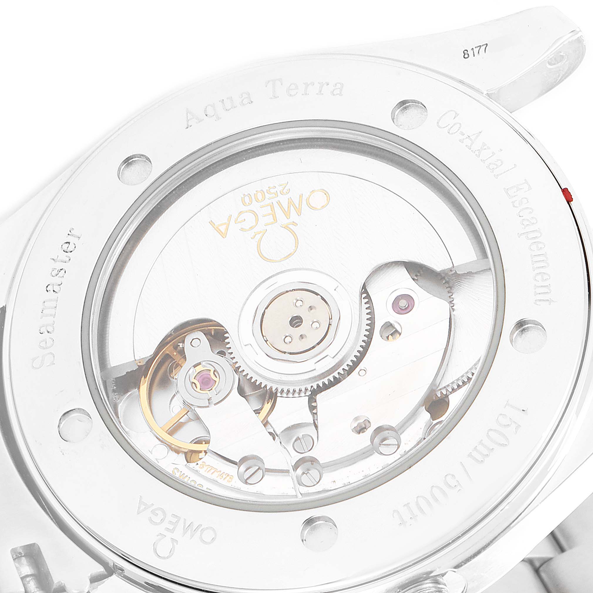This image shows the back view of the Omega Aqua Terra 2503.33.00 Men
s Stainless Steel Silver Dial 2503.33.00 Men
s Stainless Steel Silver Dial watch, highlighting its Co-Axial Escapement mechanism and internal movement.