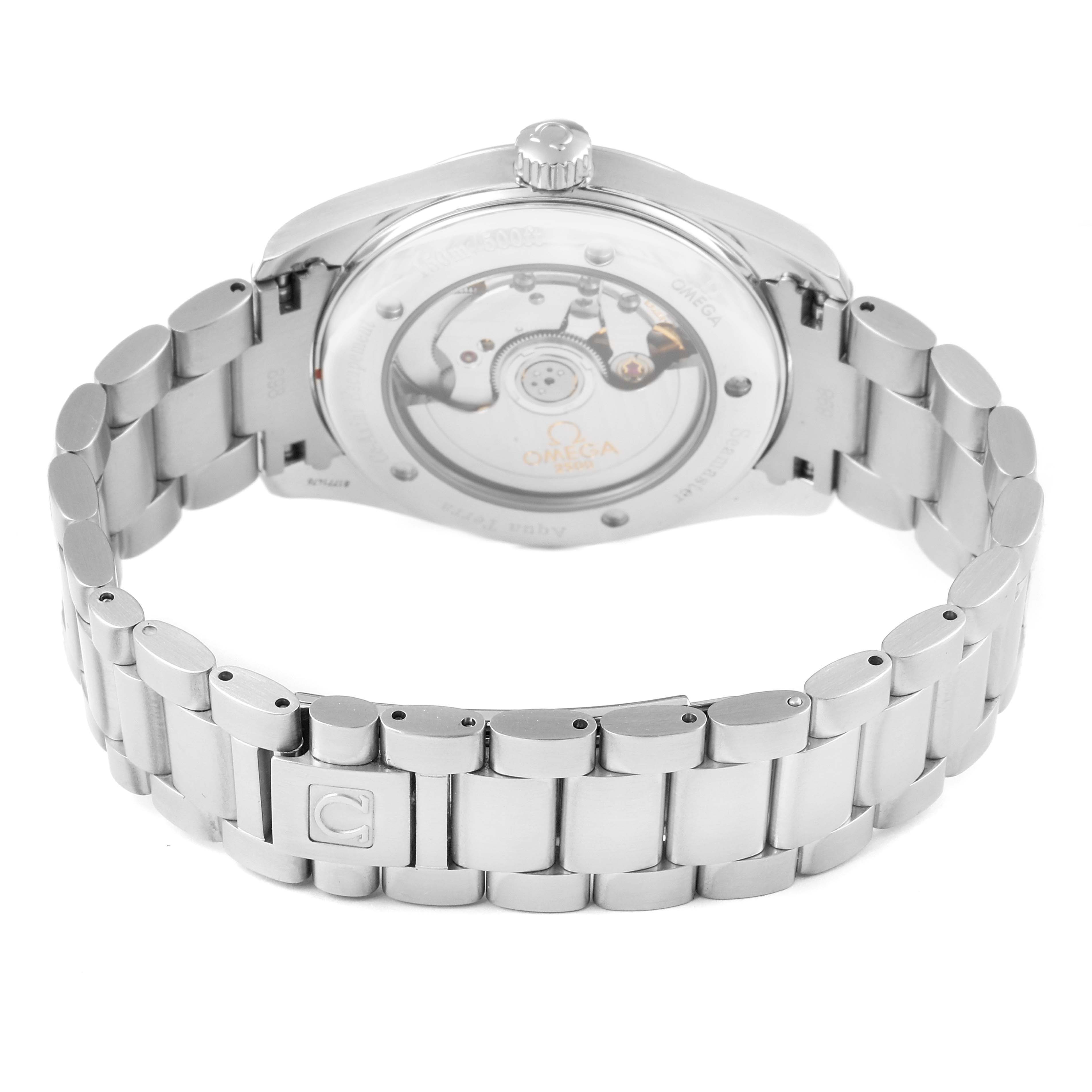 This image shows the back view of the Omega Aqua Terra 2503.33.00 Men
s Stainless Steel Silver Dial 2503.33.00 Men
s Stainless Steel Silver Dial model watch, highlighting its transparent case back and metal bracelet.