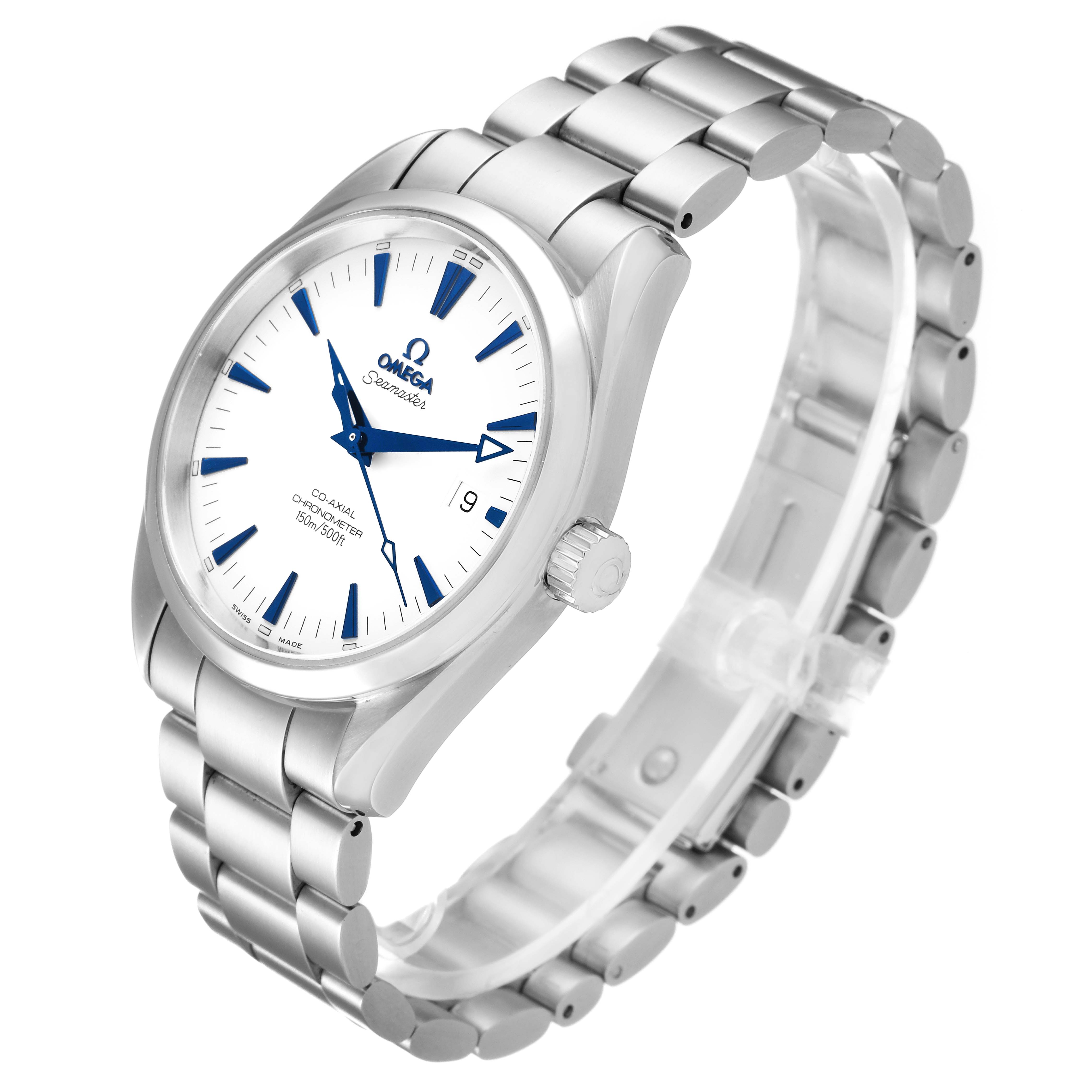 The Omega Aqua Terra 2503.33.00 Men
s Stainless Steel Silver Dial 2503.33.00 Men
s Stainless Steel Silver Dial watch is shown at an angle highlighting its face, bezel, and stainless steel bracelet.