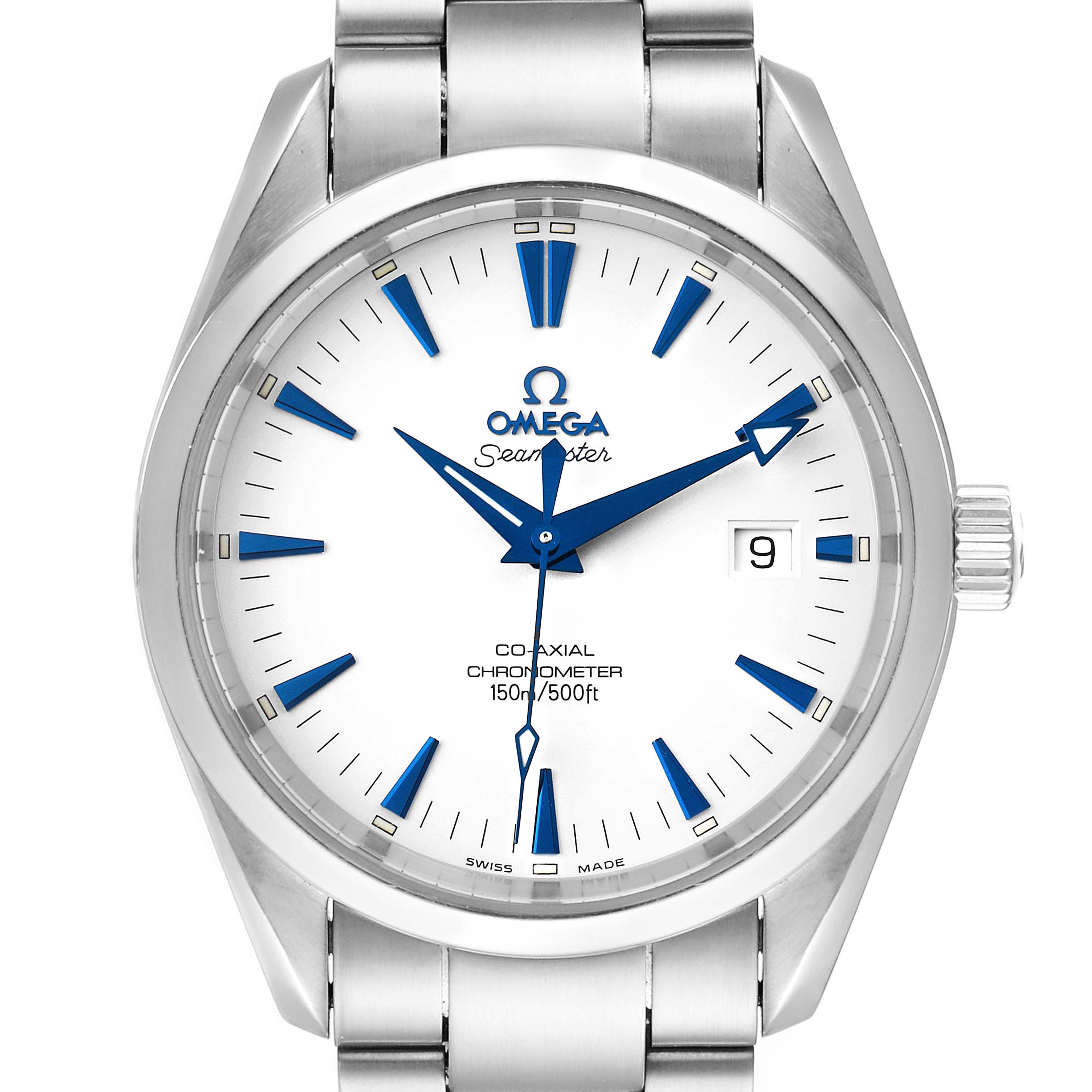 The image shows a front view of the Omega Aqua Terra 2503.33.00 Men
s Stainless Steel Silver Dial 2503.33.00 Men
s Stainless Steel Silver Dial watch, displaying its dial, hands, date window, and metal bracelet.