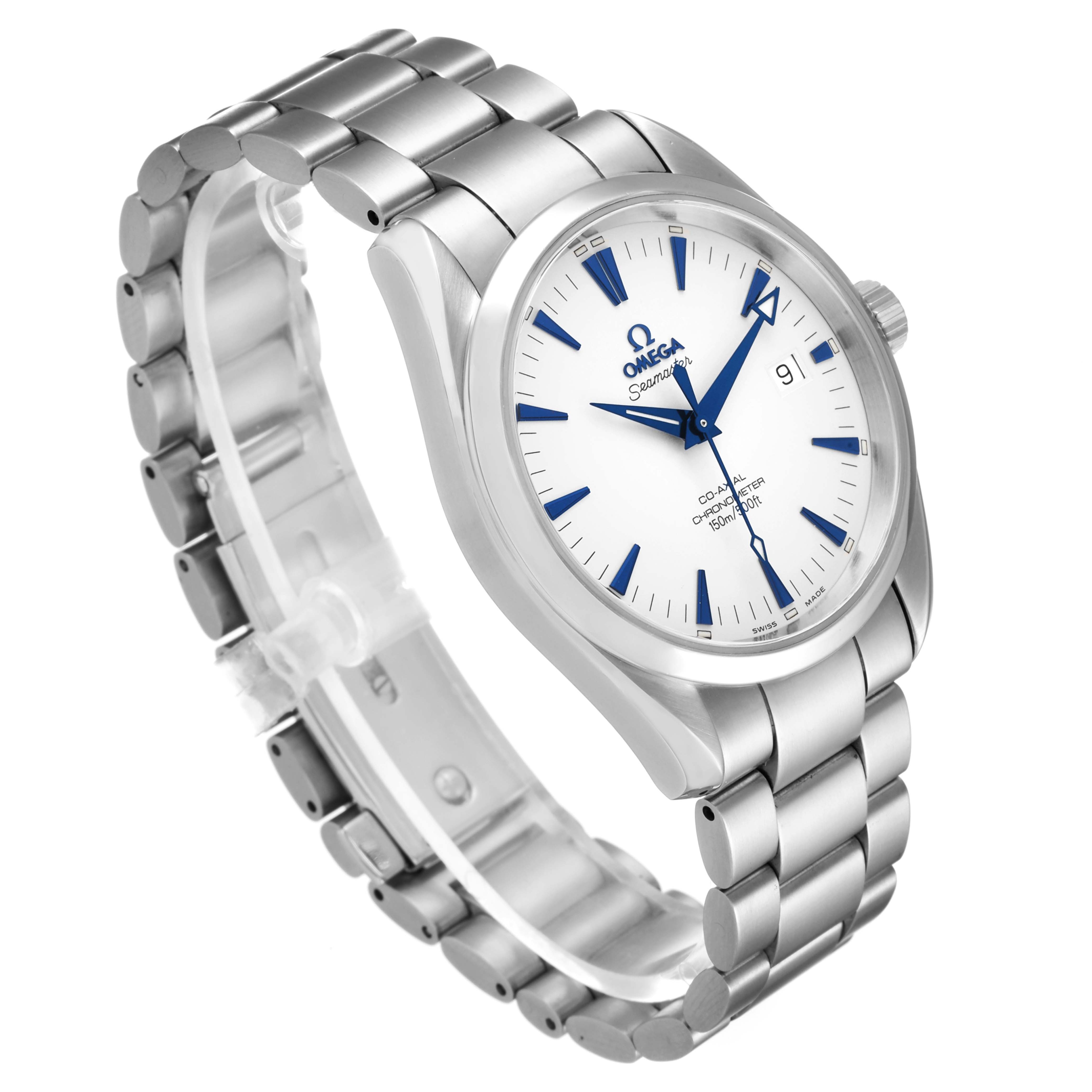 The image shows an Omega Aqua Terra 2503.33.00 Men
s Stainless Steel Silver Dial 2503.33.00 Men
s Stainless Steel Silver Dial watch at a three-quarter angle, displaying the face, bracelet, and part of the crown.