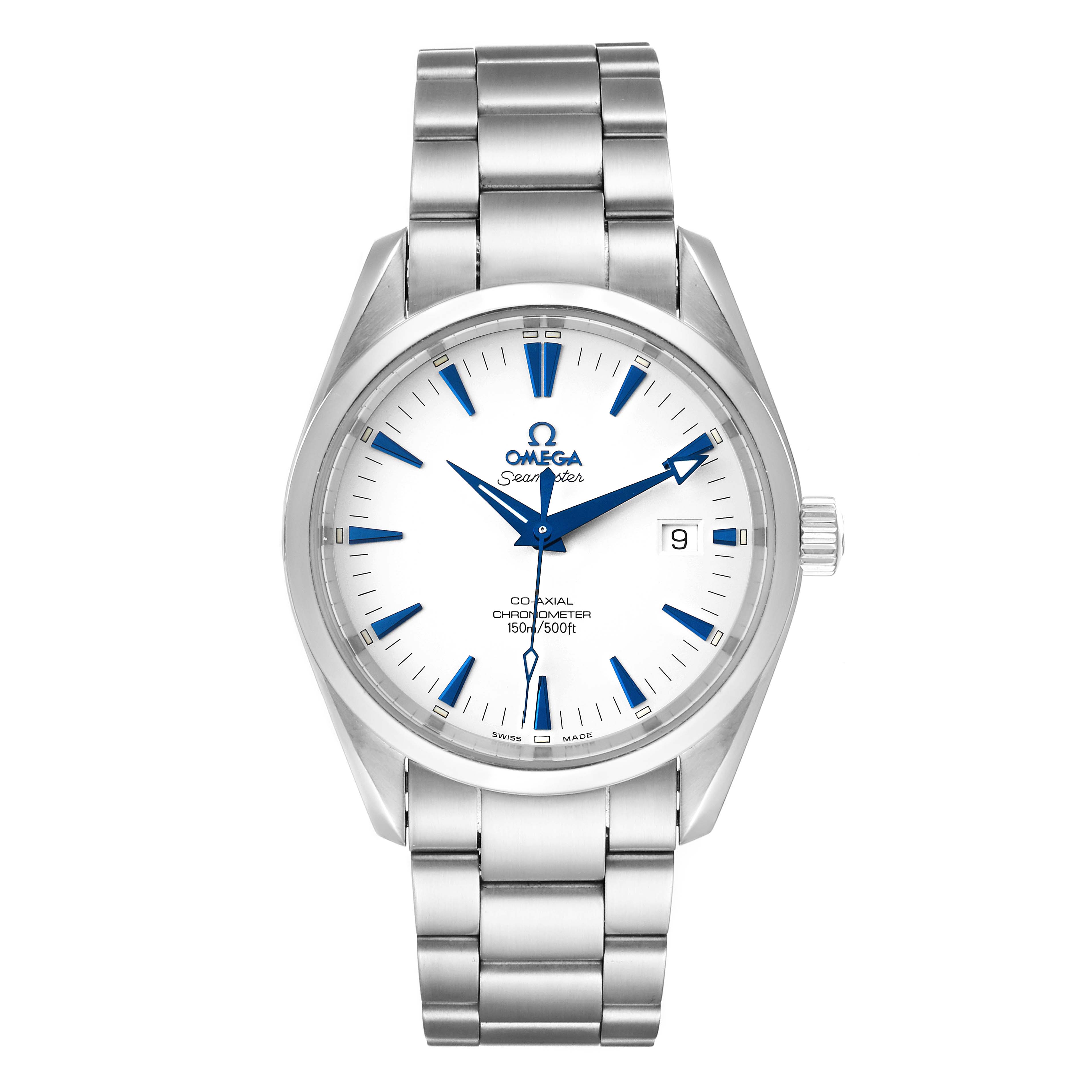 The image shows a front view of the Omega Aqua Terra 2503.33.00 Men
s Stainless Steel Silver Dial 2503.33.00 Men
s Stainless Steel Silver Dial watch, displaying its dial, hands, crown, and bracelet.