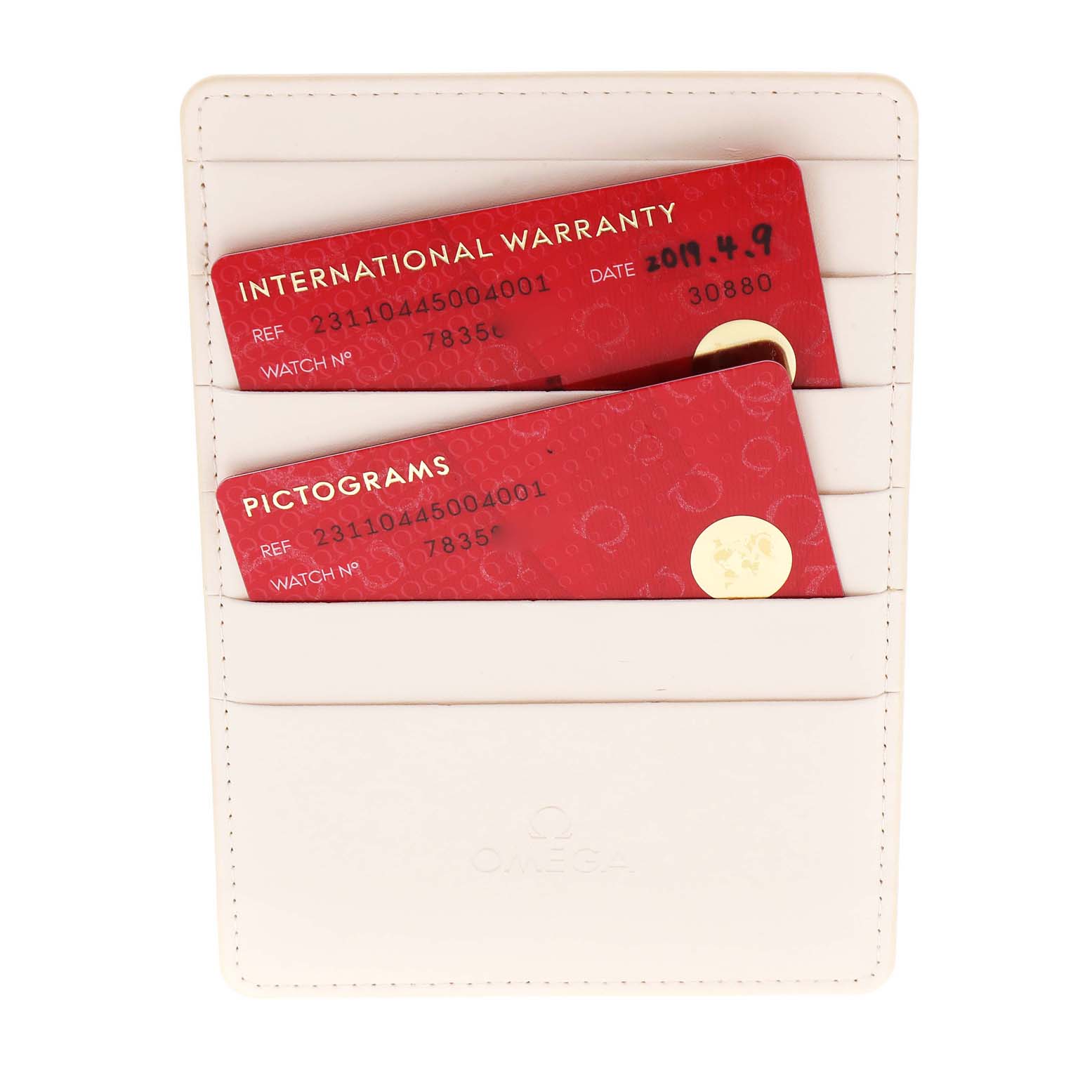 The image shows International Warranty and Pictogram cards for the Omega Aqua Terra 231.10.44.50.04.001 Men's Stainless Steel White Dial 231.10.44.50.04.001 Men's Stainless Steel White Dial model, placed in a white cardholder.