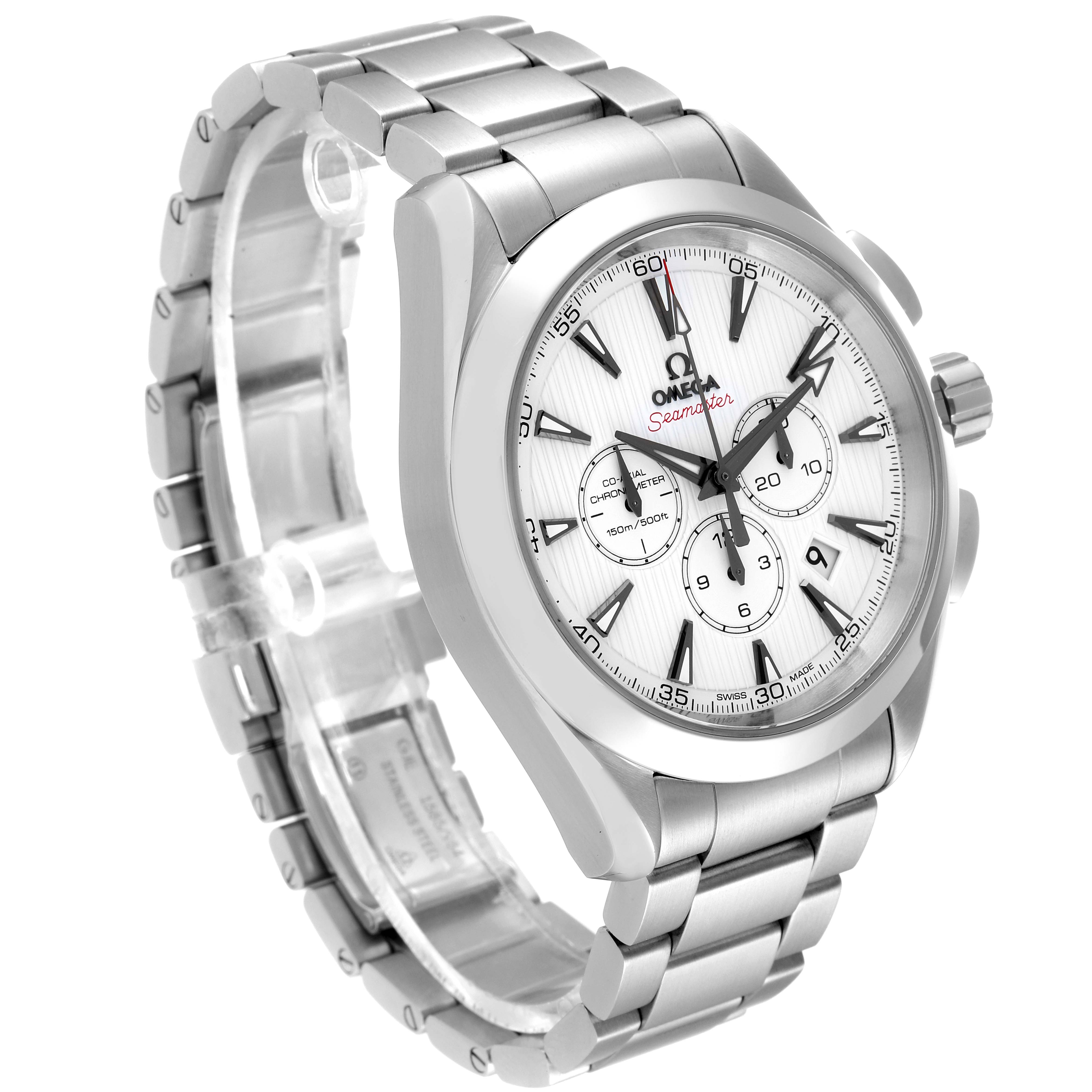 This image shows an Omega Seamaster Aqua Terra watch at a three-quarter angle, highlighting the dial, chronograph subdials, bracelet, and crown.