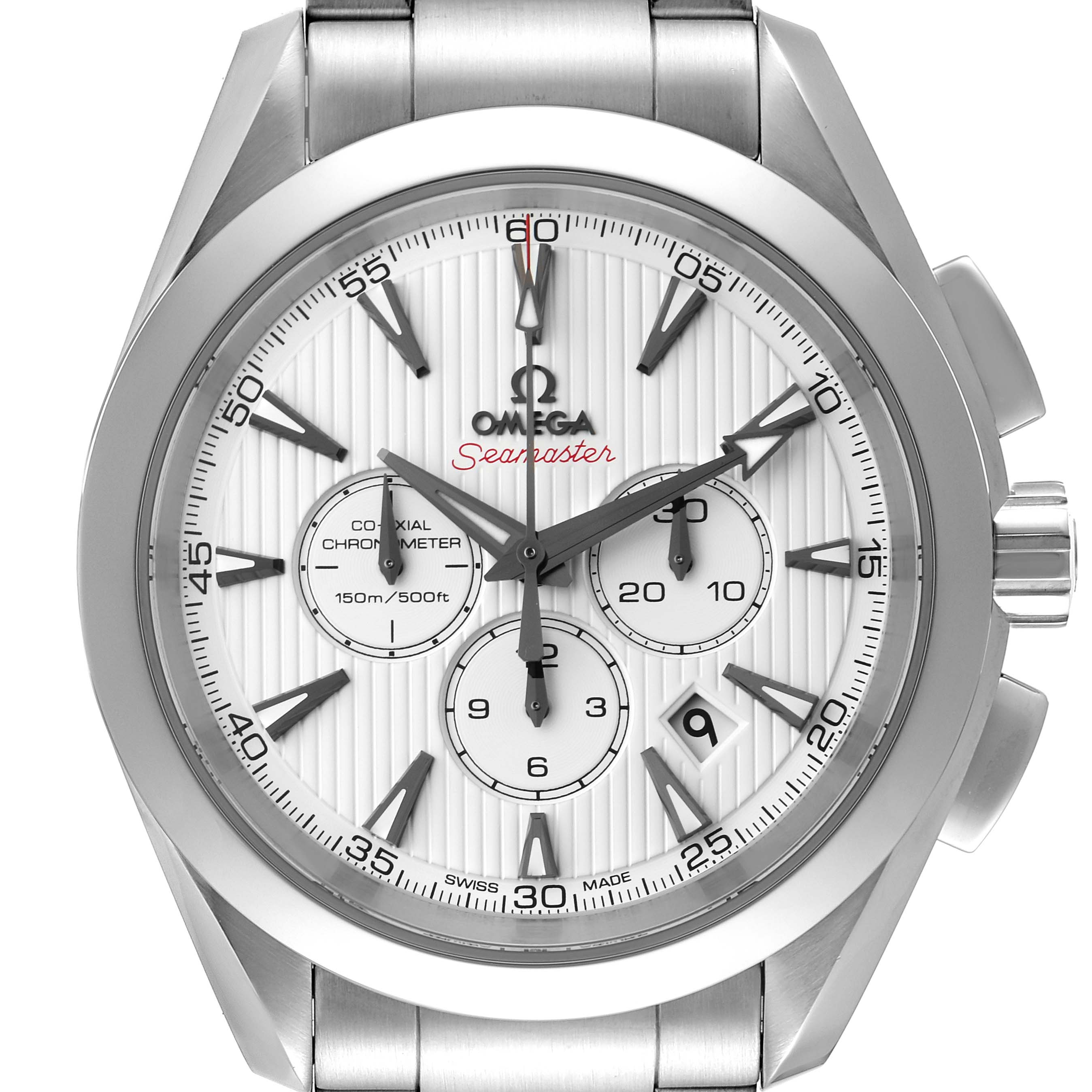 This image shows a front view of the dial and bezel of the Omega Aqua Terra 231.10.44.50.04.001 Men's Stainless Steel White Dial 231.10.44.50.04.001 Men's Stainless Steel White Dial model from the Seamaster series.