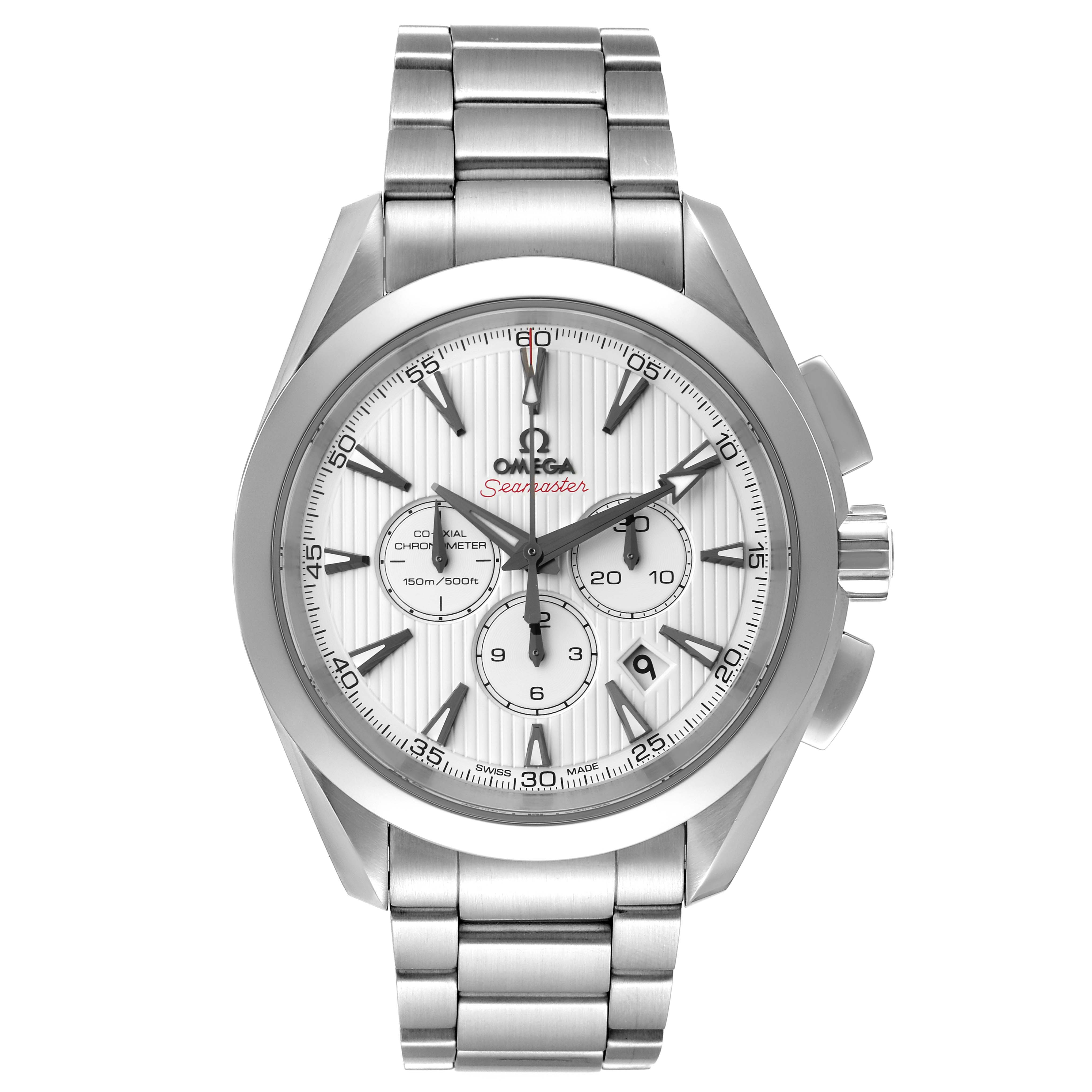The image shows a front view of the Omega Aqua Terra 231.10.44.50.04.001 Men's Stainless Steel White Dial 231.10.44.50.04.001 Men's Stainless Steel White Dial watch, displaying the face, dial, hands, and metal bracelet.