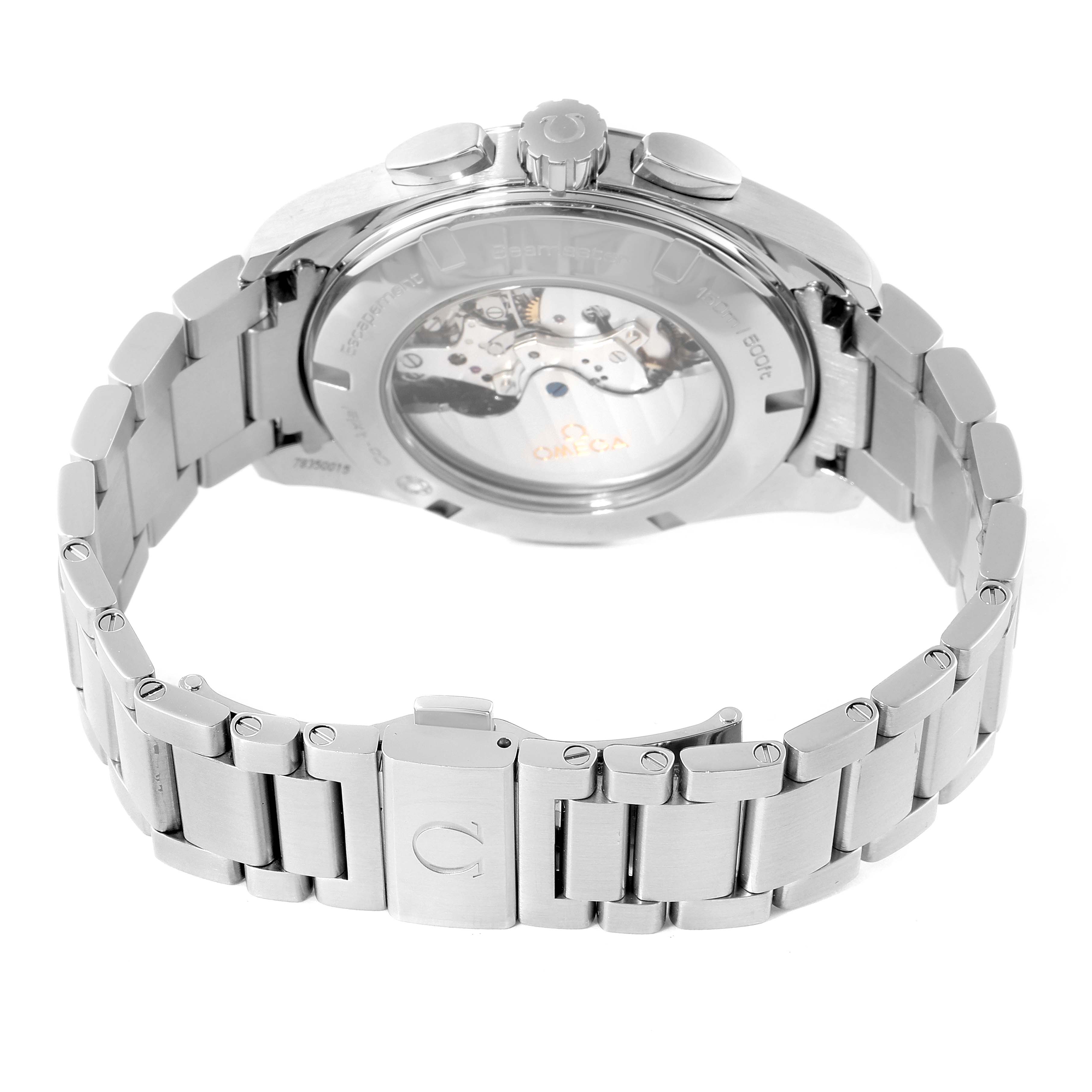 The image shows the back view of the Omega Aqua Terra 231.10.44.50.04.001 Men's Stainless Steel White Dial 231.10.44.50.04.001 Men's Stainless Steel White Dial watch, highlighting the transparent case back and stainless steel bracelet.