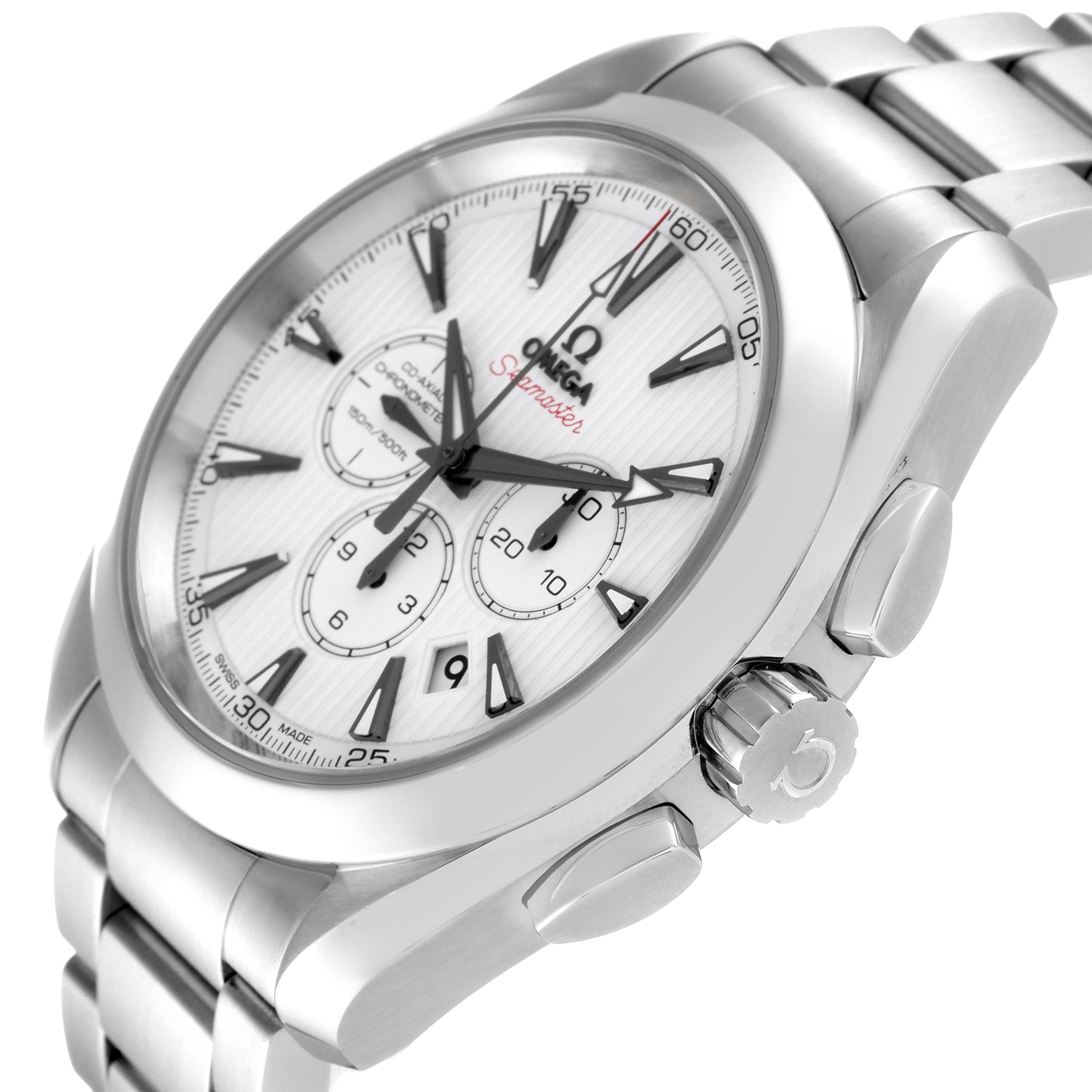 The image displays an angled view of the Omega Aqua Terra 231.10.44.50.04.001 Men's Stainless Steel White Dial 231.10.44.50.04.001 Men's Stainless Steel White Dial watch, showcasing its face, bezel, crown, and part of the bracelet.