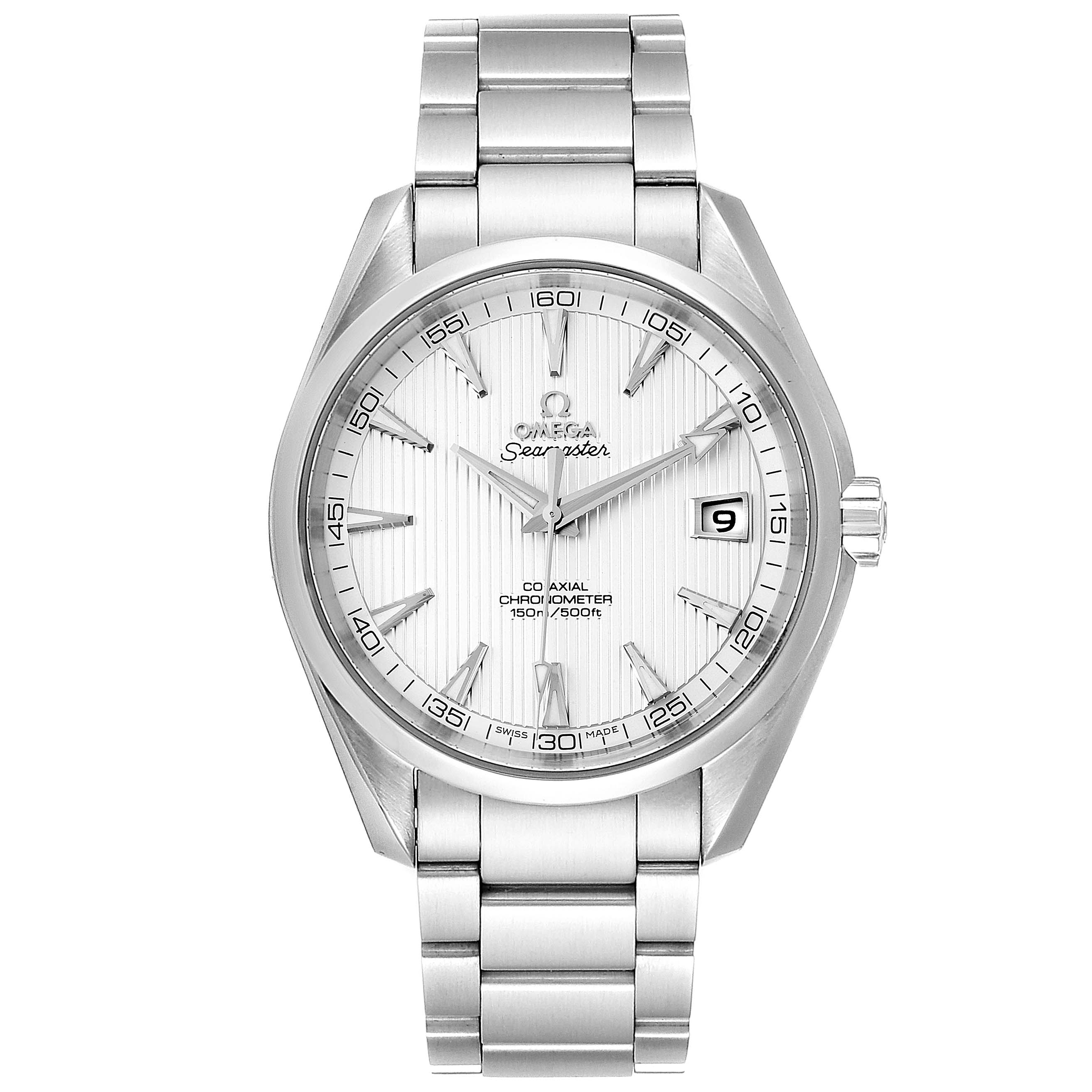 The image shows a front view of the Omega Aqua Terra 231.10.42.21.02.001 Men
s Stainless Steel Silver Dial 231.10.42.21.02.001 Men
s Stainless Steel Silver Dial watch, displaying the dial, bracelet, and date window.