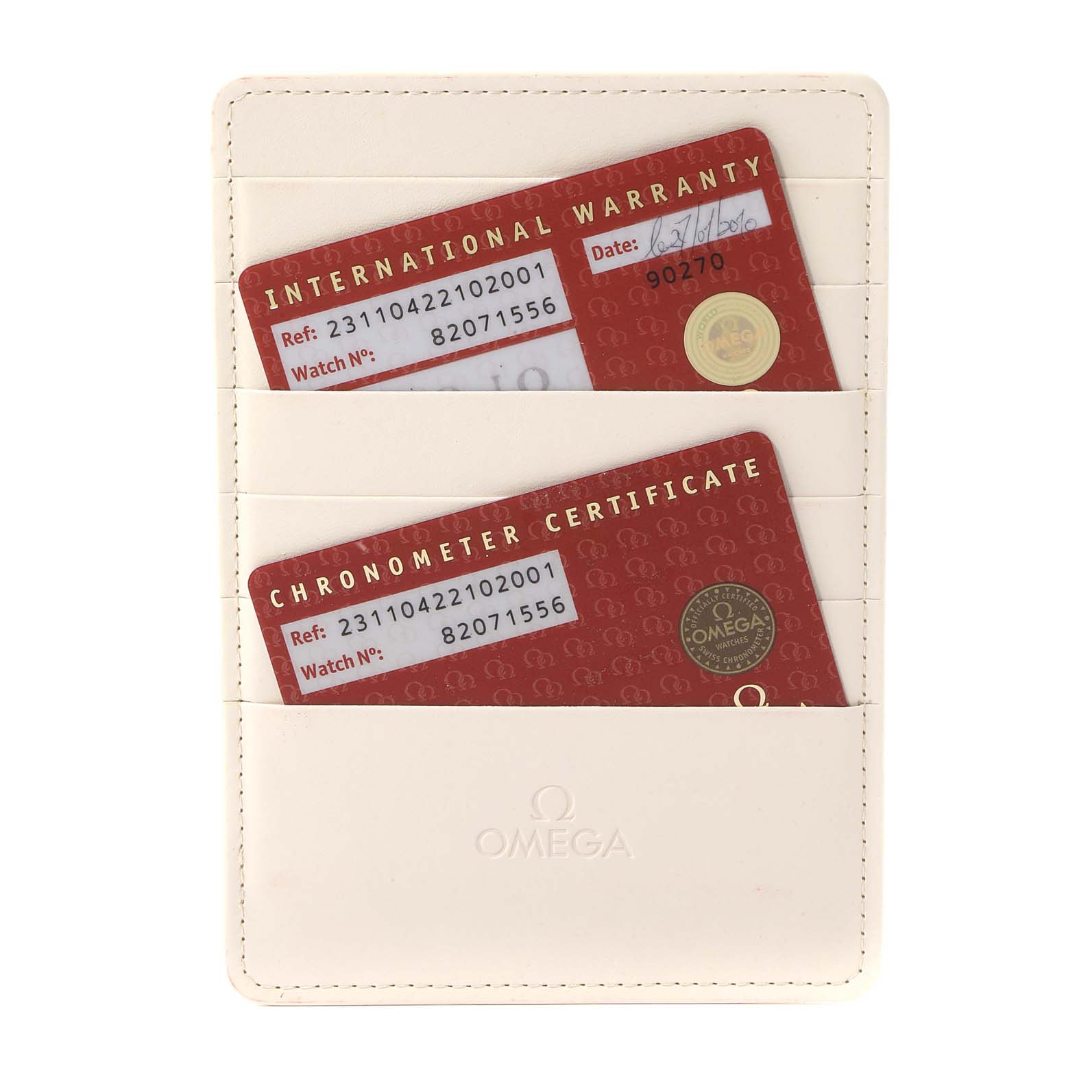 This image shows the international warranty and chronometer certificate cards for an Omega Aqua Terra 231.10.42.21.02.001 Men
s Stainless Steel Silver Dial 231.10.42.21.02.001 Men
s Stainless Steel Silver Dial watch.