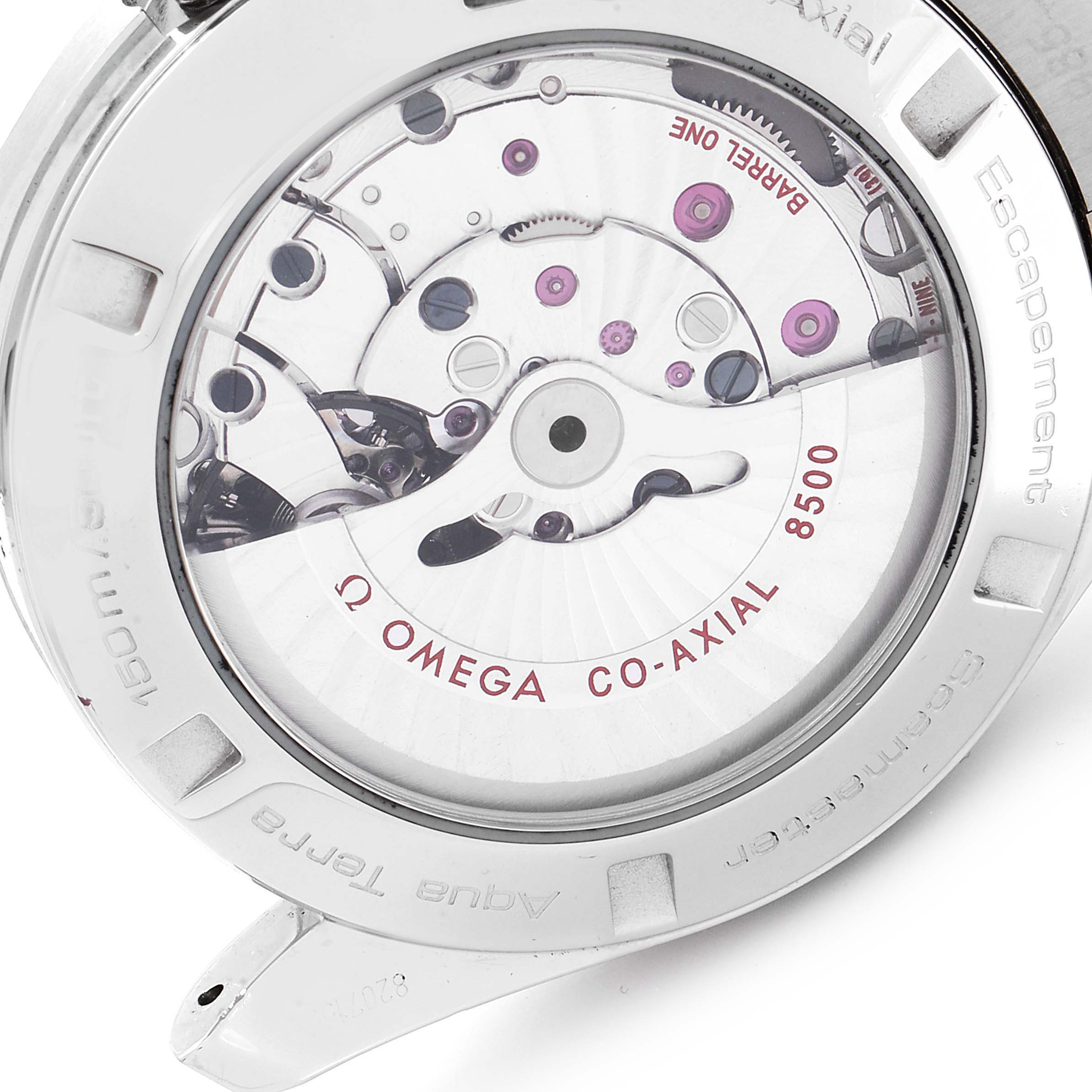 This image shows the back of an Omega Aqua Terra 231.10.42.21.02.001 Men
s Stainless Steel Silver Dial 231.10.42.21.02.001 Men
s Stainless Steel Silver Dial watch, highlighting its Co-Axial 8500 movement.