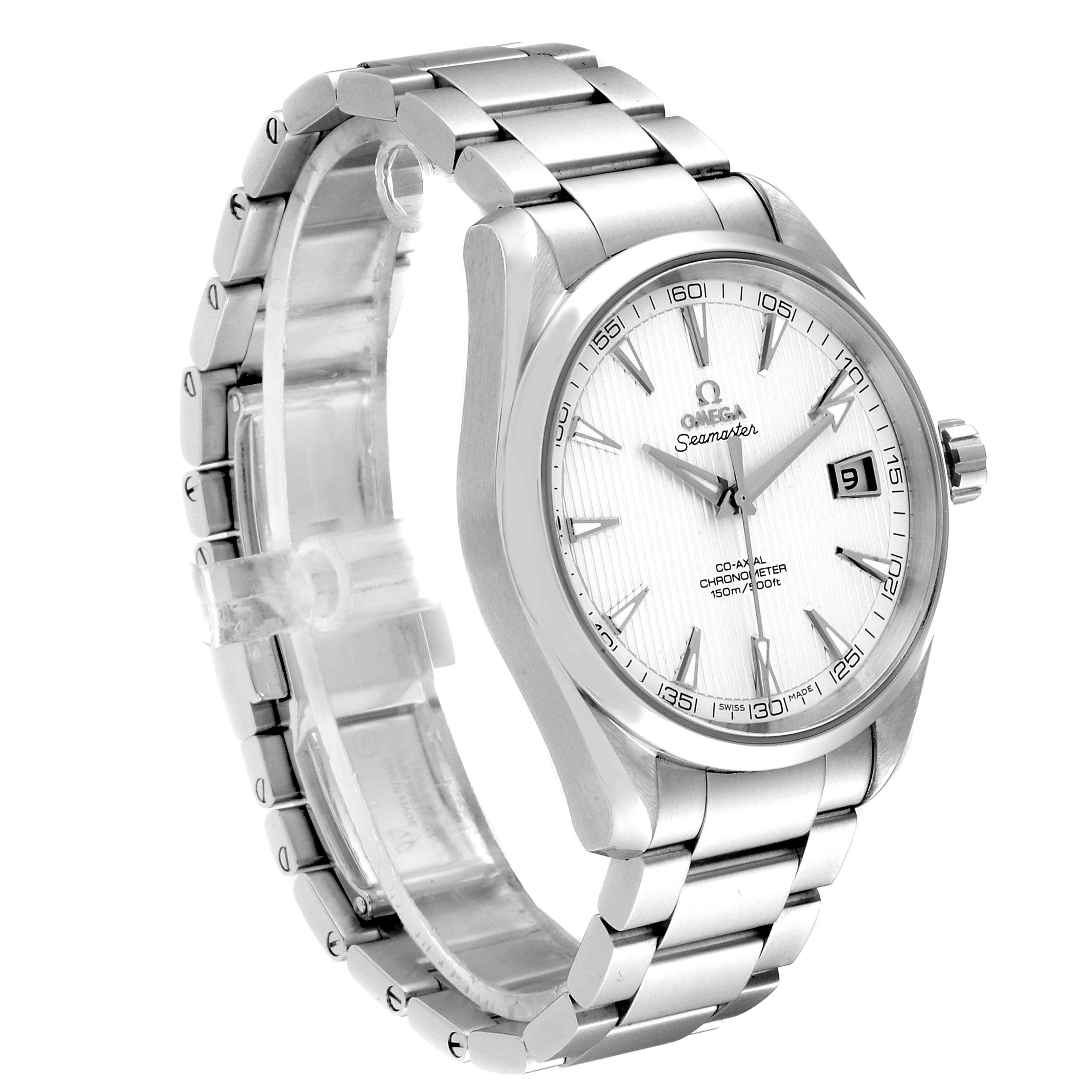 The image shows an Omega Aqua Terra 231.10.42.21.02.001 Men
s Stainless Steel Silver Dial 231.10.42.21.02.001 Men
s Stainless Steel Silver Dial watch from an angled side view, showcasing the face and stainless steel bracelet.