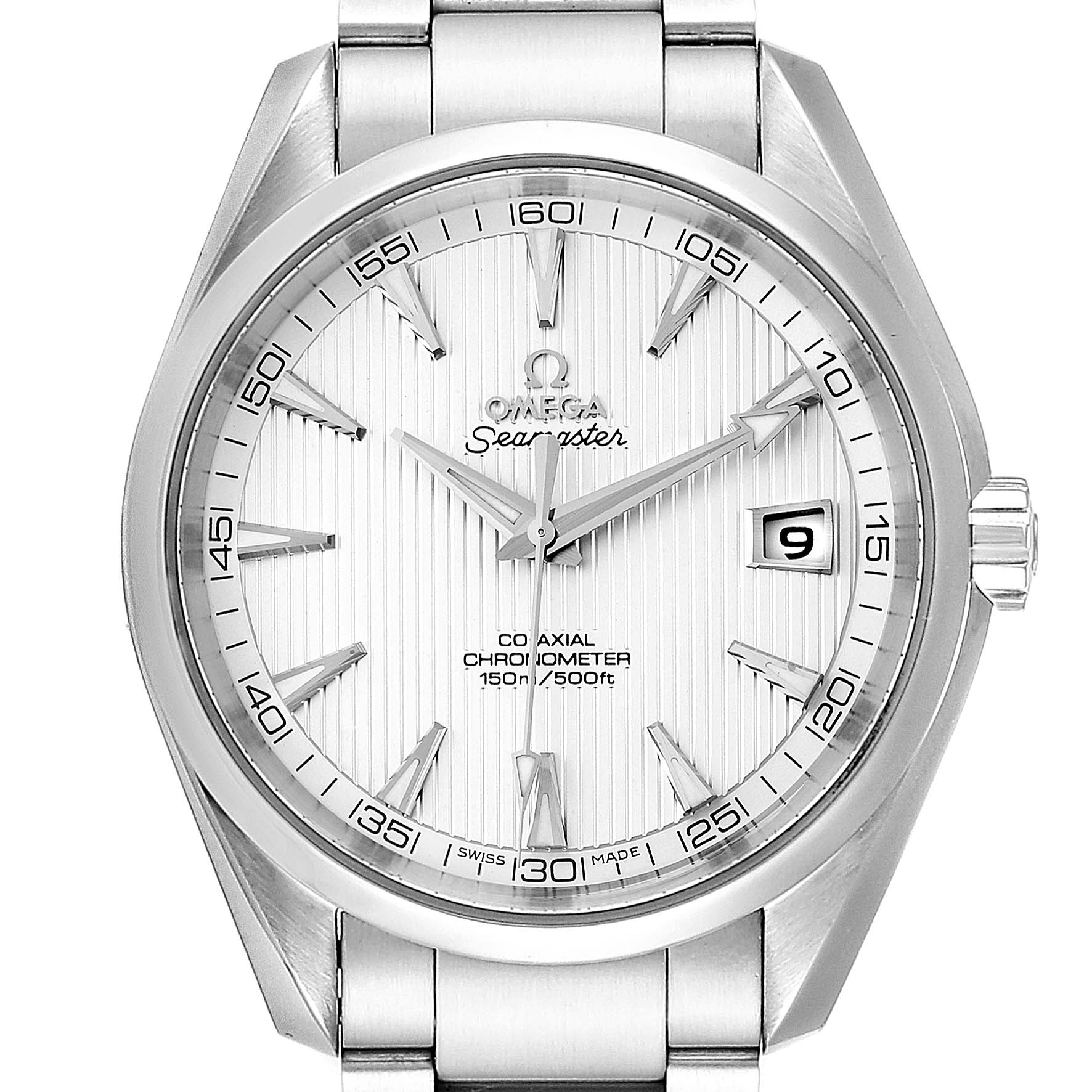 The image shows a frontal view of the Omega Aqua Terra 231.10.42.21.02.001 Men
s Stainless Steel Silver Dial 231.10.42.21.02.001 Men
s Stainless Steel Silver Dial watch, highlighting the face, hands, date window, and part of the bracelet.