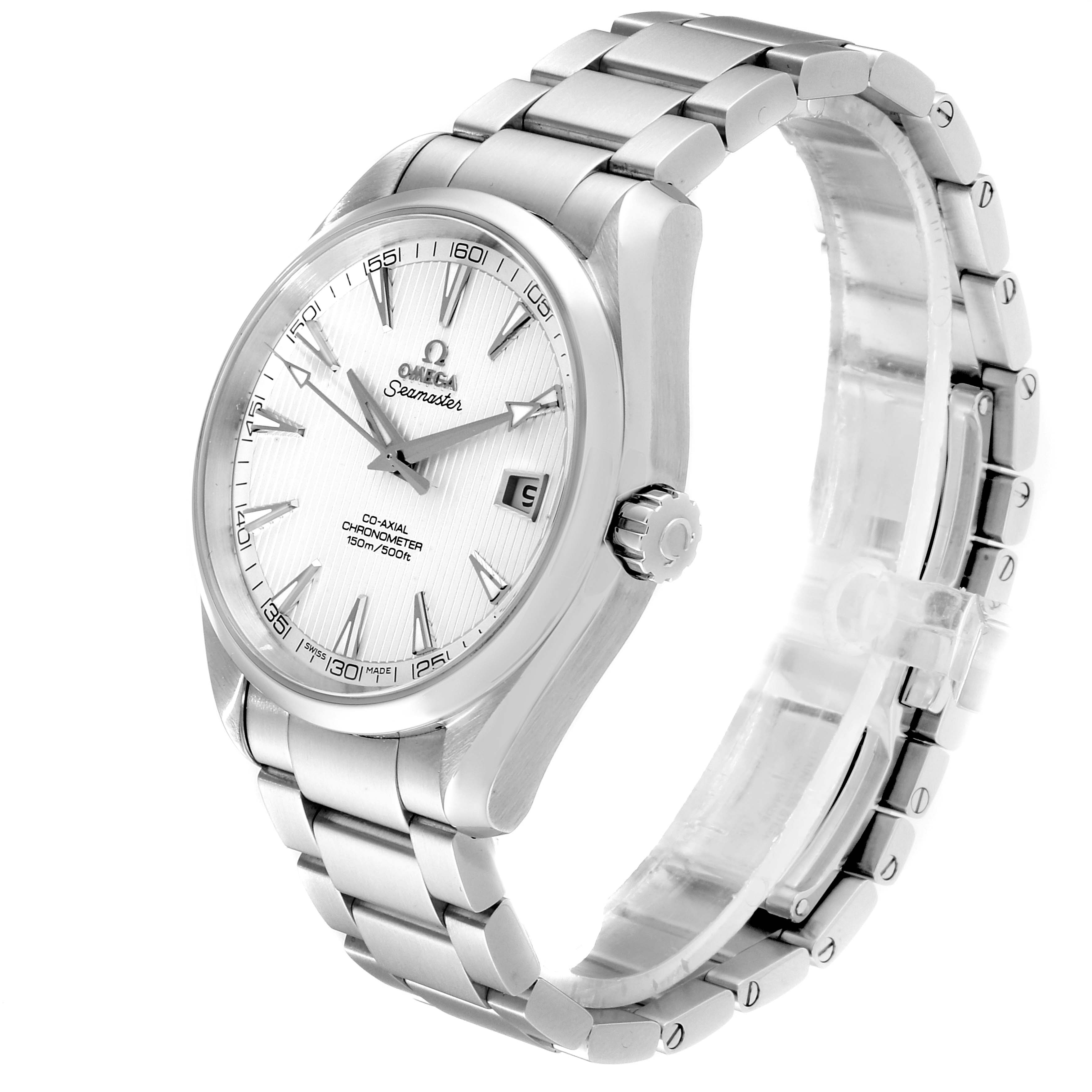 The Omega Aqua Terra 231.10.42.21.02.001 Men
s Stainless Steel Silver Dial 231.10.42.21.02.001 Men
s Stainless Steel Silver Dial watch is displayed from a three-quarter front angle, showing its face, bezel, and metal bracelet.